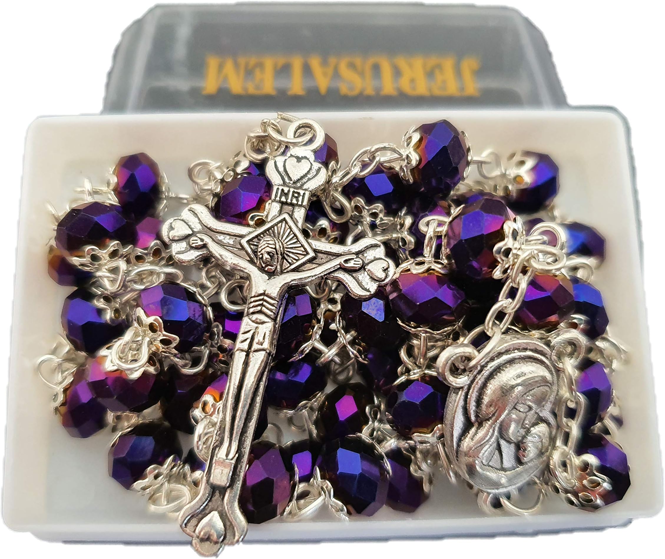 Jerusalem Deep Purple Crystal Double Crowned Beads Catholic Rosary Necklace in Gift Box