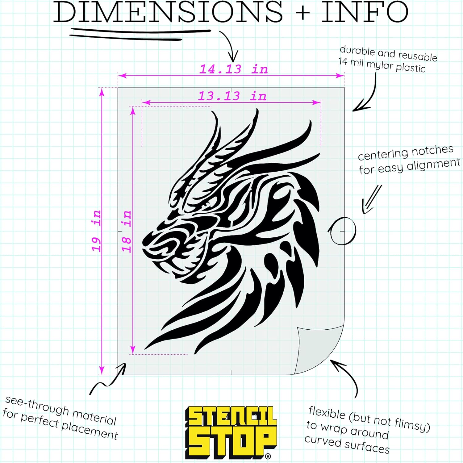 Stencil Stop Dragon Head Stencil - 13.13 x 18 inches - Reusable Dragon Stencils for Painting on Wood, Walls, Fabric & Rocks - Durable 14 Mil Mylar Plastic - Perfect for DIY Crafts & Custom Art