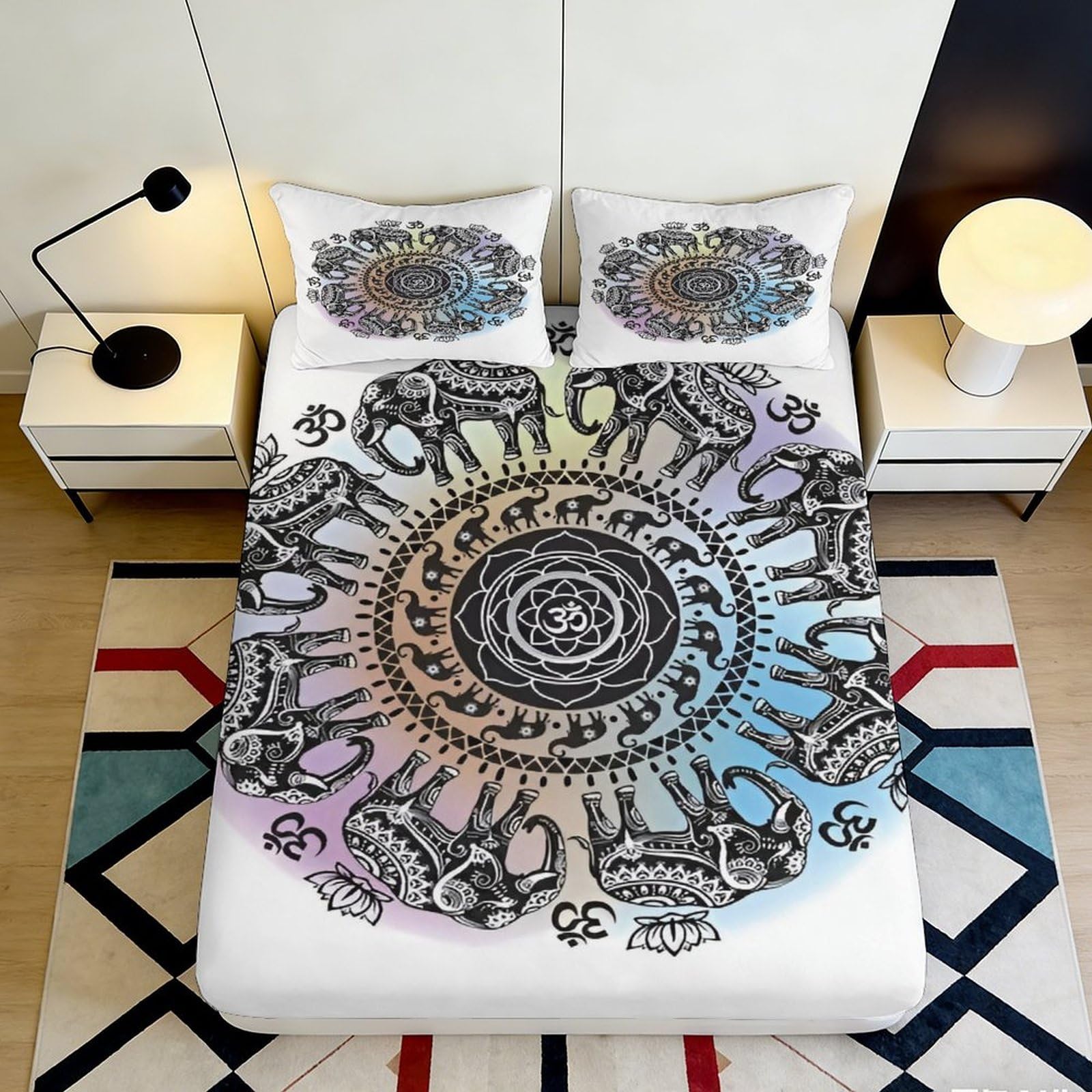 3D Printed Mandala Elephant Fitted Sheet Microfiber Anti-Slip Pastel Bed Sheet for Bedroom Dorm Decor Protection 90x200x25cm