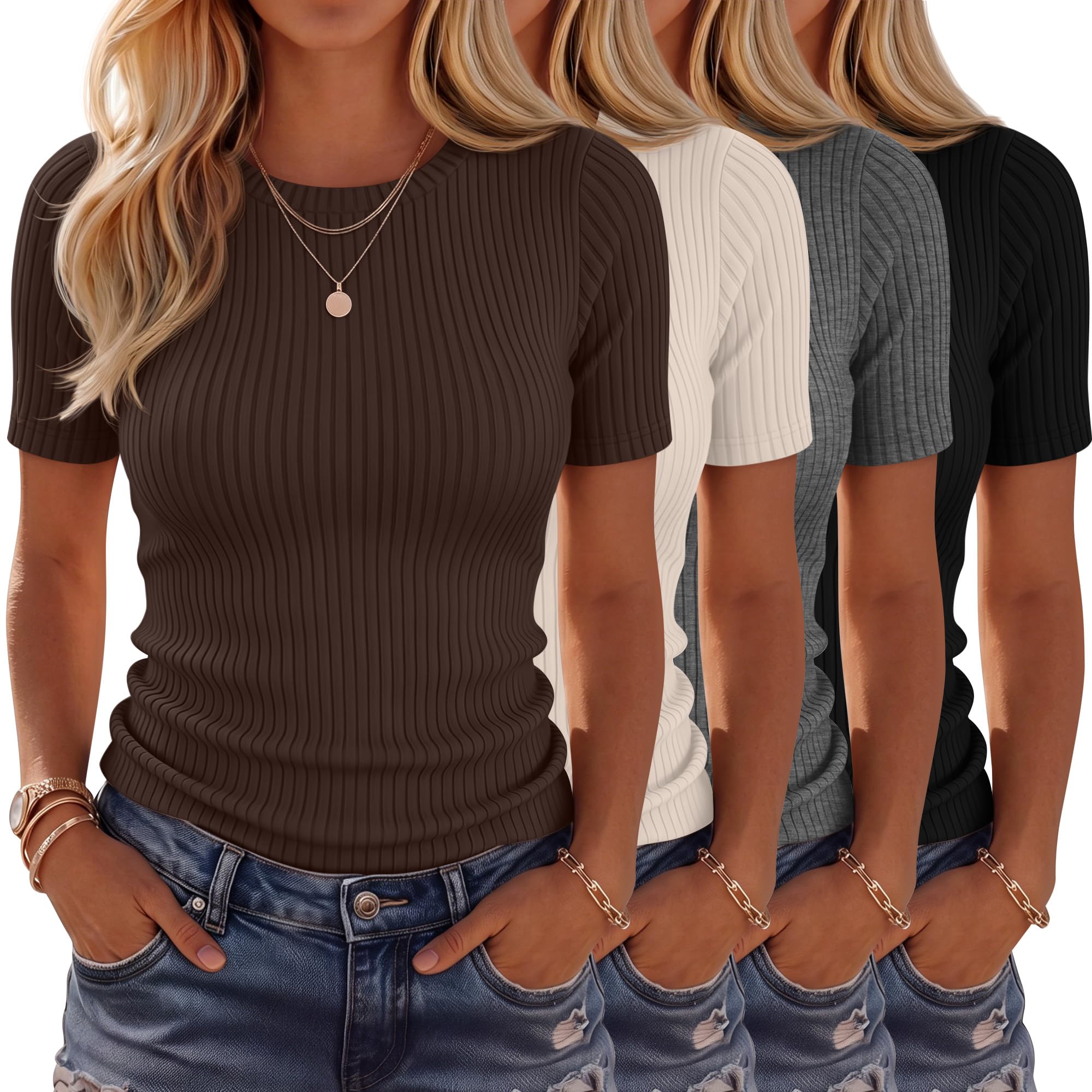 Neer Paquete de 4 camisetas acanaladas de algodón de manga corta para mujer, camisetas básicas de cuello redondo, camisas casuales de moda de verano 2026
