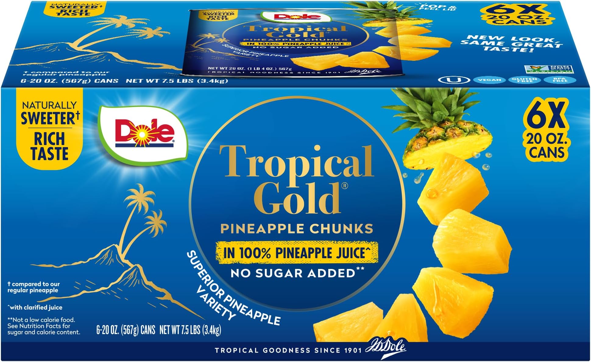 Dole Canned Fruit, Tropical Gold Pineapple Chunks in 100% Pineapple Juice, Gluten Free, Pantry Staples, No Sugar Added, 20 Oz, 6 Count