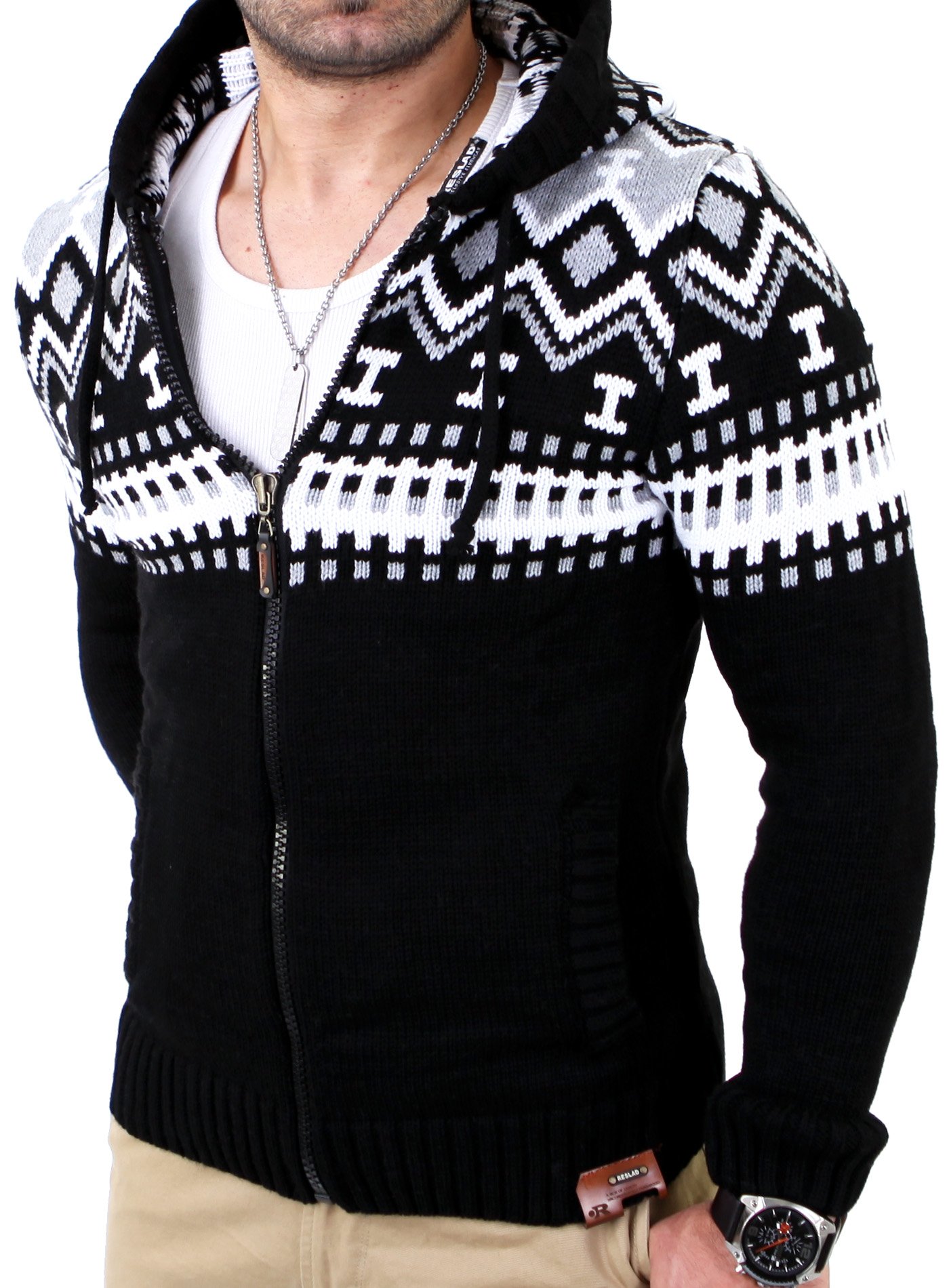 Reslad Herren Grobstrick Norweger Pullover Winter Strickjacke Kapuzenpullover RS-3104