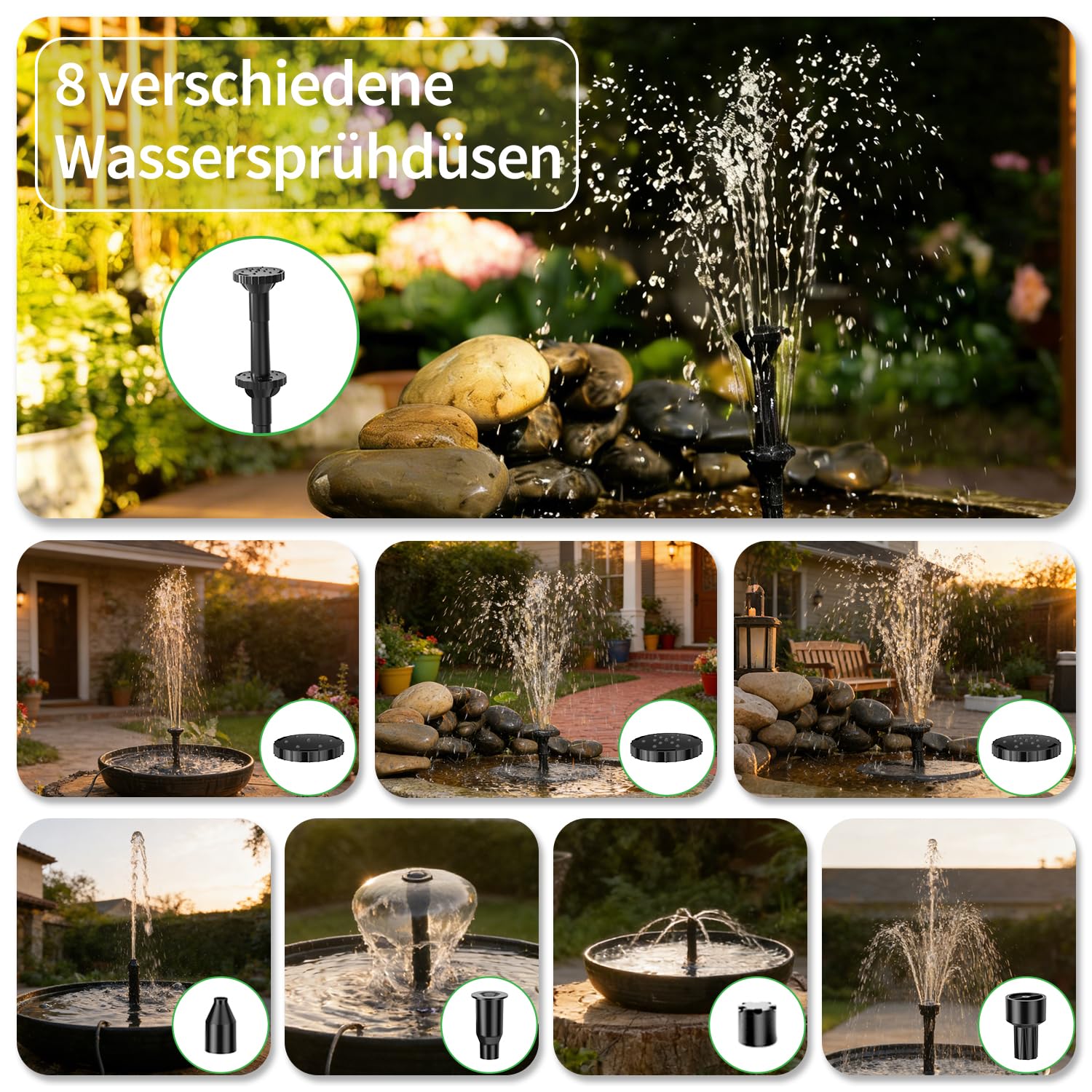 POPOSOAP 8W Fuente Solar Exterior, Bomba de Estanque Solar Mejorada con Protección contra Sequedad, Boquillas de Doble Pared, Manguera de 1,5 m para Bebedero de Pájaros, Estanque, Acuario