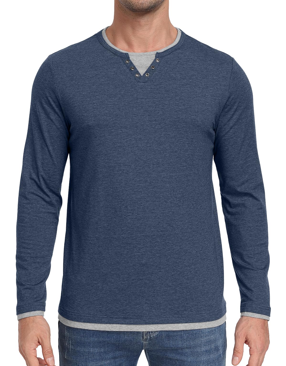 Hisir T-shirt męski Henley z bawełny, z długim rękawem, krój regularny, warstwowy, kontrastowy wzór, casualowy, na jesień i zimę