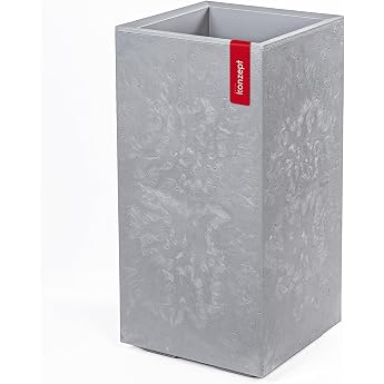KONZEPT Large Tall Concrete Effect Planter with Wheels and Drainage 28.6 x 28.6 x 59.4 cm - Indoor & Outdoor Grey