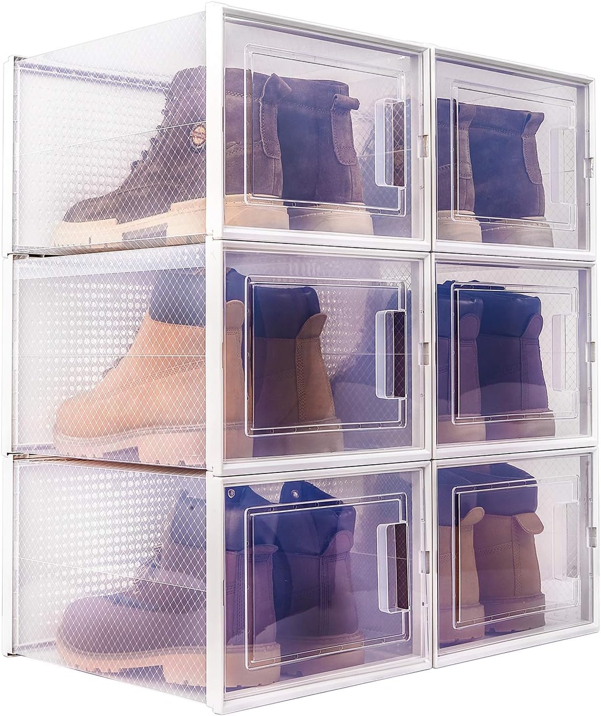 Stackable Shoe Organizer, 6 Pack WAYTRIM Shoe Storage Boxes, Clear Sturdy Plastic Shoe Box, Sneaker Container Bins for Sneaker, Boot, Sandal, Shoe Storage Bins Fit to Women Size 13, White
