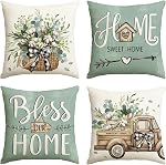 AVOIN colorlife Bless Our Maison de ferme Eucalyptus Feuilles Jetez des couvertures d'oreiller, 18 x 18 Boite de Inch maison Sweet maison Coussin Décorations Ensemble de 4