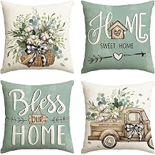 AVOIN colorlife Bless Our Home Farmhouse Eucalyptus Leaves Throw Pillow Covers, 18 x 18 Inch Truck Home Sweet Cushion Case Decorations Set of 4