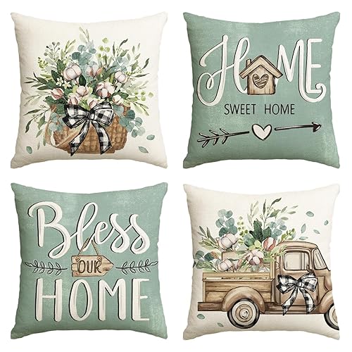 AVOIN colorlife Bless Our Home Farmhouse Eucalyptus Leaves Throw Pillow