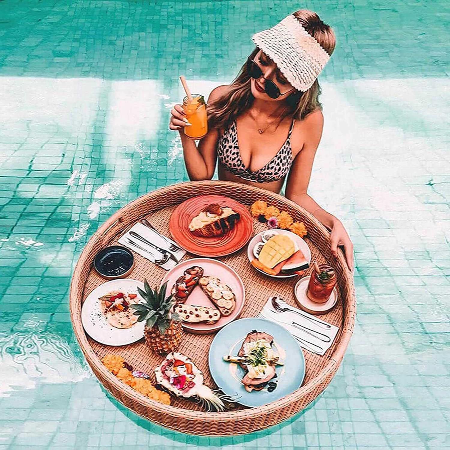 Bandeja De Servicio Flotante De Ratán Impermeable Con Asas, Mesa Y Bar Flotante Para Piscina,Accesorios Fiesta De Verano,Para Adultos En Spas,Baños Y Celebraciones Acuáticas Apricot-60*60*20cm