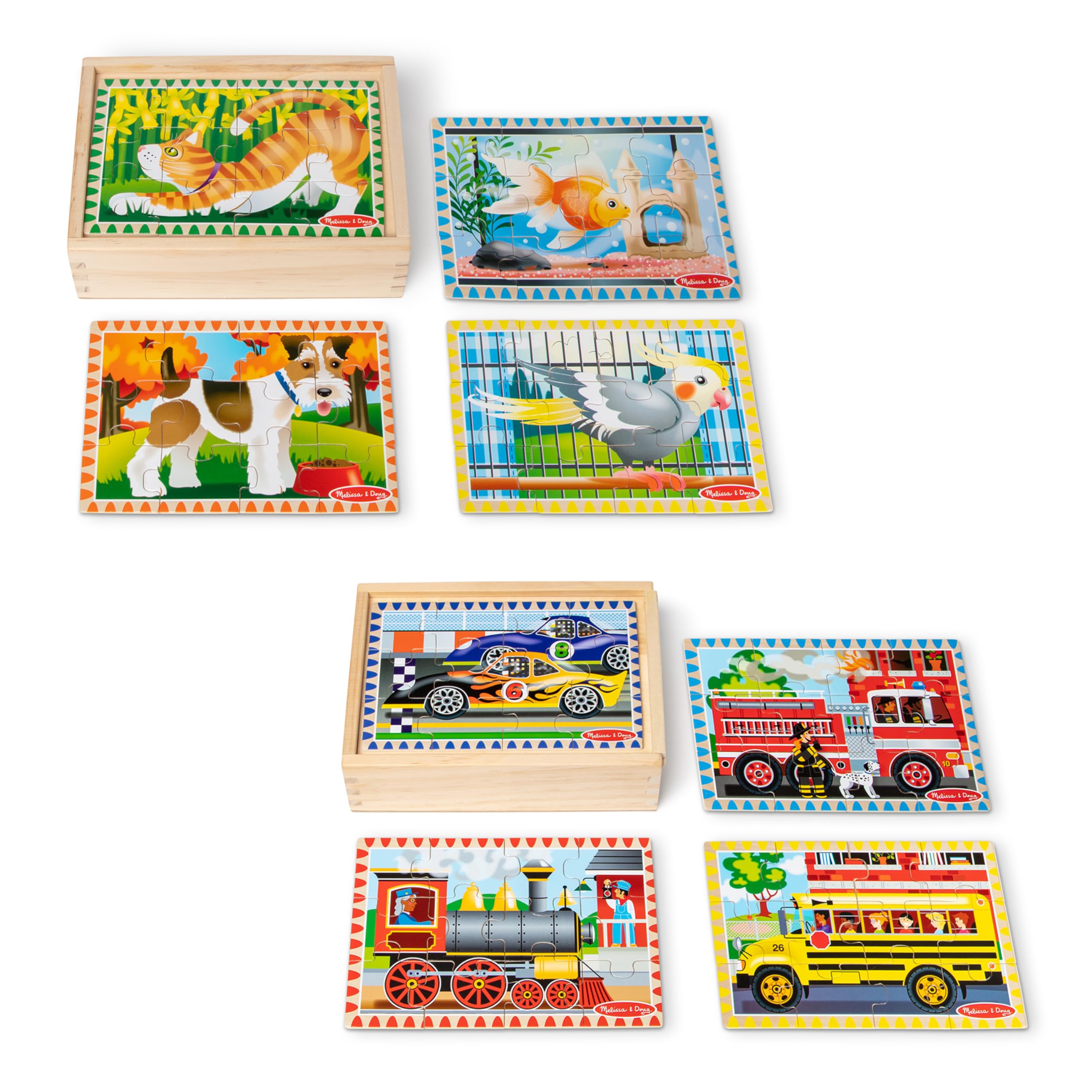 Melissa & Doug Wooden Jigsaw Puzzles in a Box 2-Pack for Preschool Boys and Girls - Pets, Vehicles