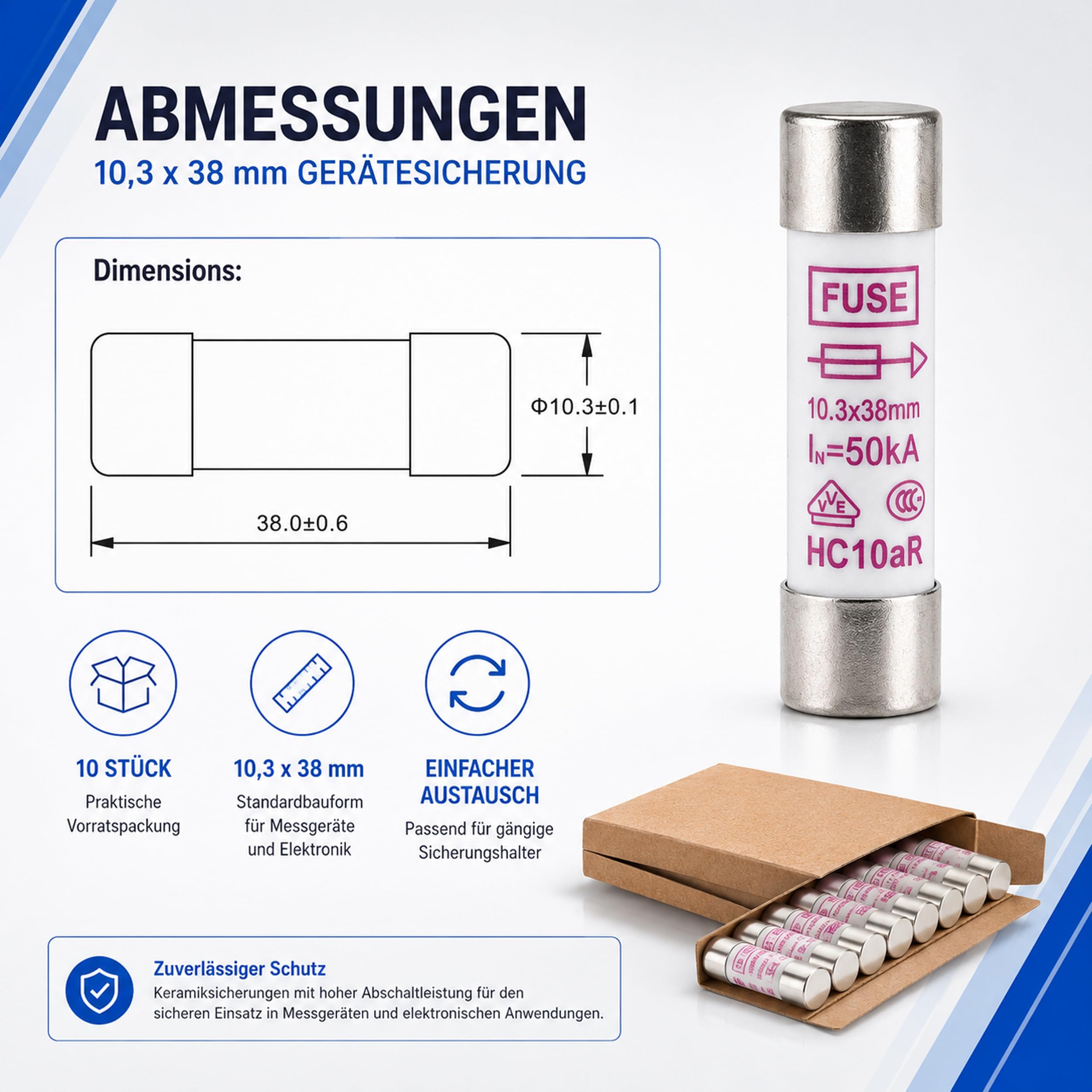 PeakTech, Fusible miniatura cerámico Set 250 mA / 1000 V, 10,3 x 38 mm, audio y alta fidelidad, 10 piezas, P 7500