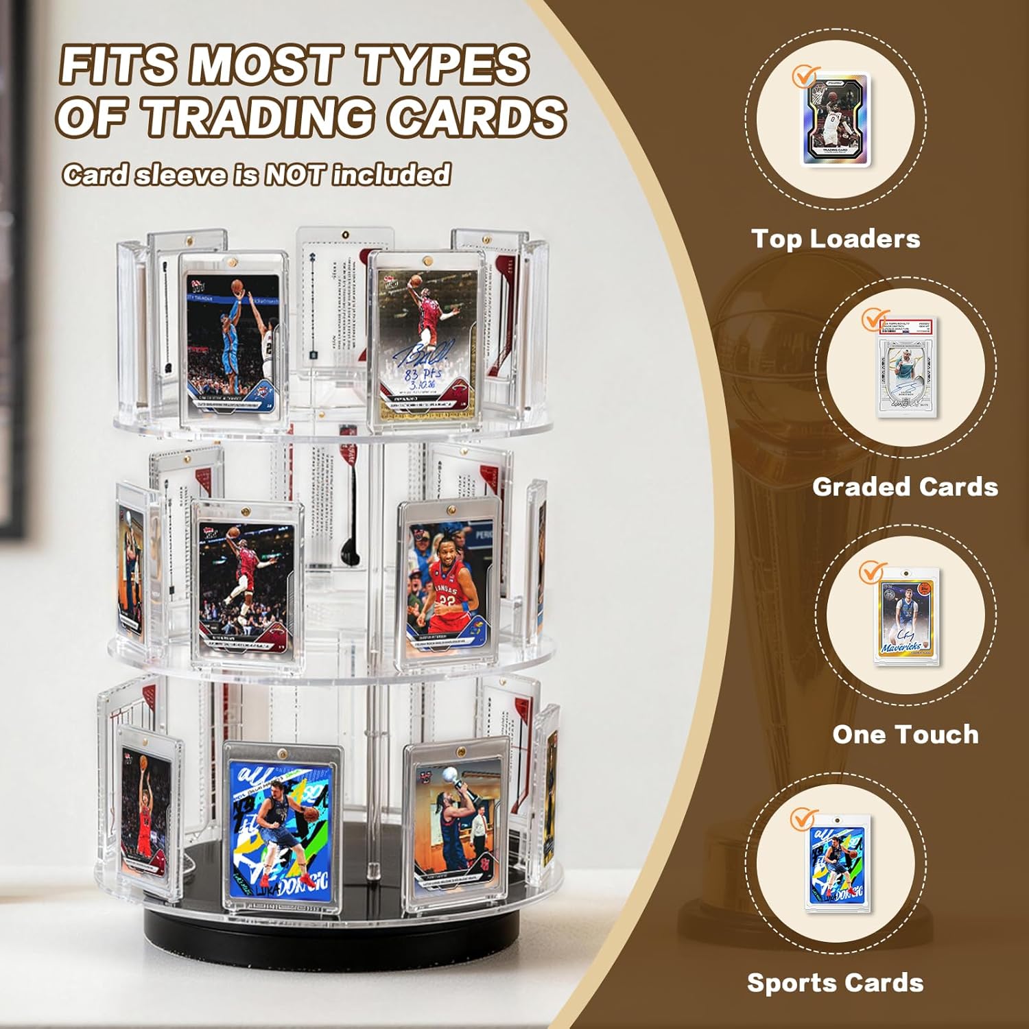 Trading Card Display, 3 Tier Acrylic Card Holder for Graded, Sports and TCG Cards,360° RotatingTrading Card Display Stand with Card Supporters, for Football Basketball Hockey Trading Card
