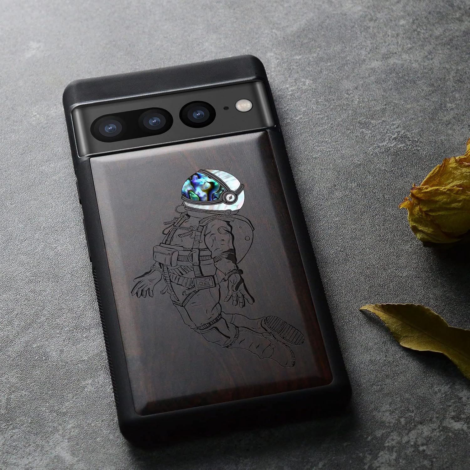 Carveit Designer Wooden Case for Google Pixel 7 Pro Case [Wood Engraving & Shell Inlay] Compatible with Wireless Chargers Pixel 7 Pro (Astronaut-Blackwood)