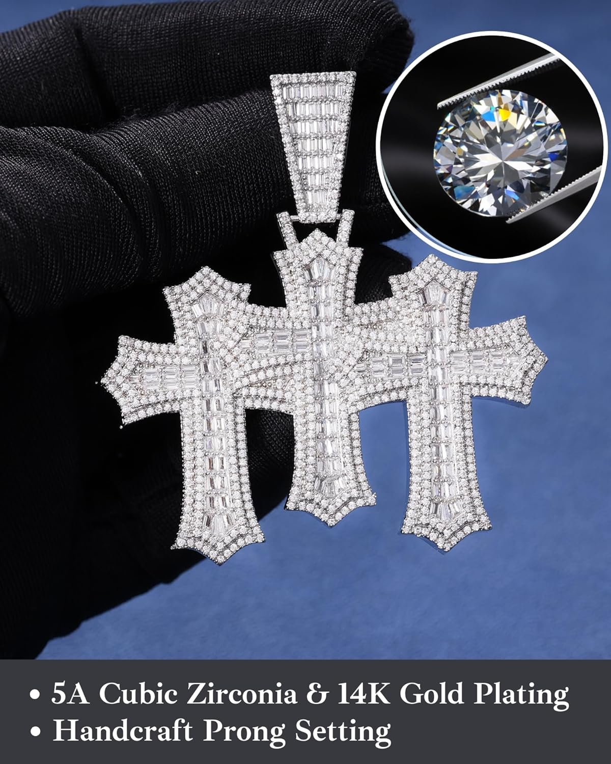 LuxeFlex Iced Out Baguette Diamond Cross Pendant, 14K Gold Plated Religious Three Stacked up Gothic Cross Necklace, Hip-Hop Jewelry for Men Women