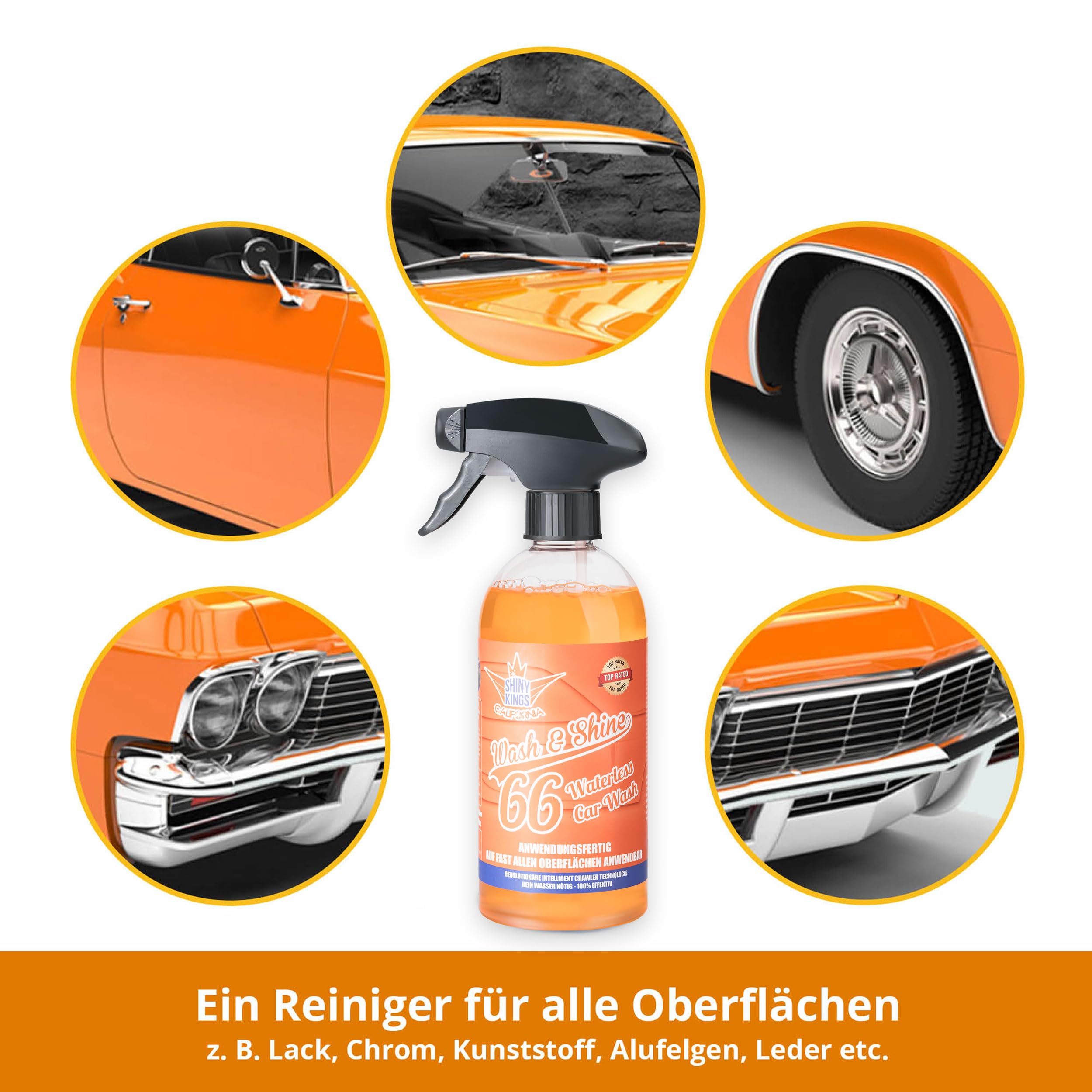 Shinykings Wash&Shine WASSERLOSER Auto Reiniger | Kratzfreie Pflege & Glanz-Effekt für Lack, Chrom-, Alufelgen, Leder & Kunststoff | 5 L Auto-Shampoo Kanister | Umweltfreundlicher Trockenreiniger