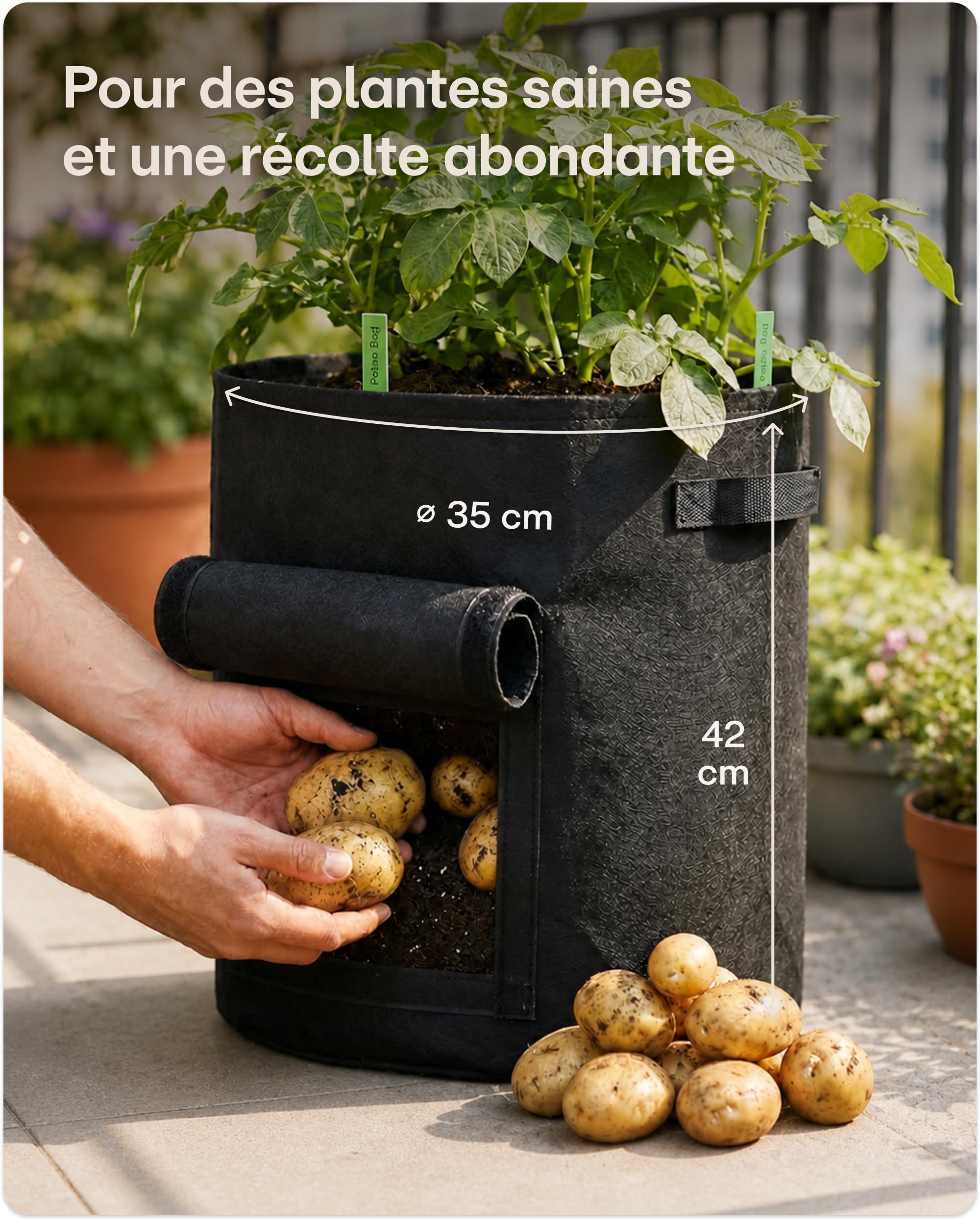 Praknu Sac de Plantation de Pommes de Terre - 3 Sacs à Plantes Grand 40L - avec Fenêtre et Étiquettes - Perméables - Lavables et Pliables