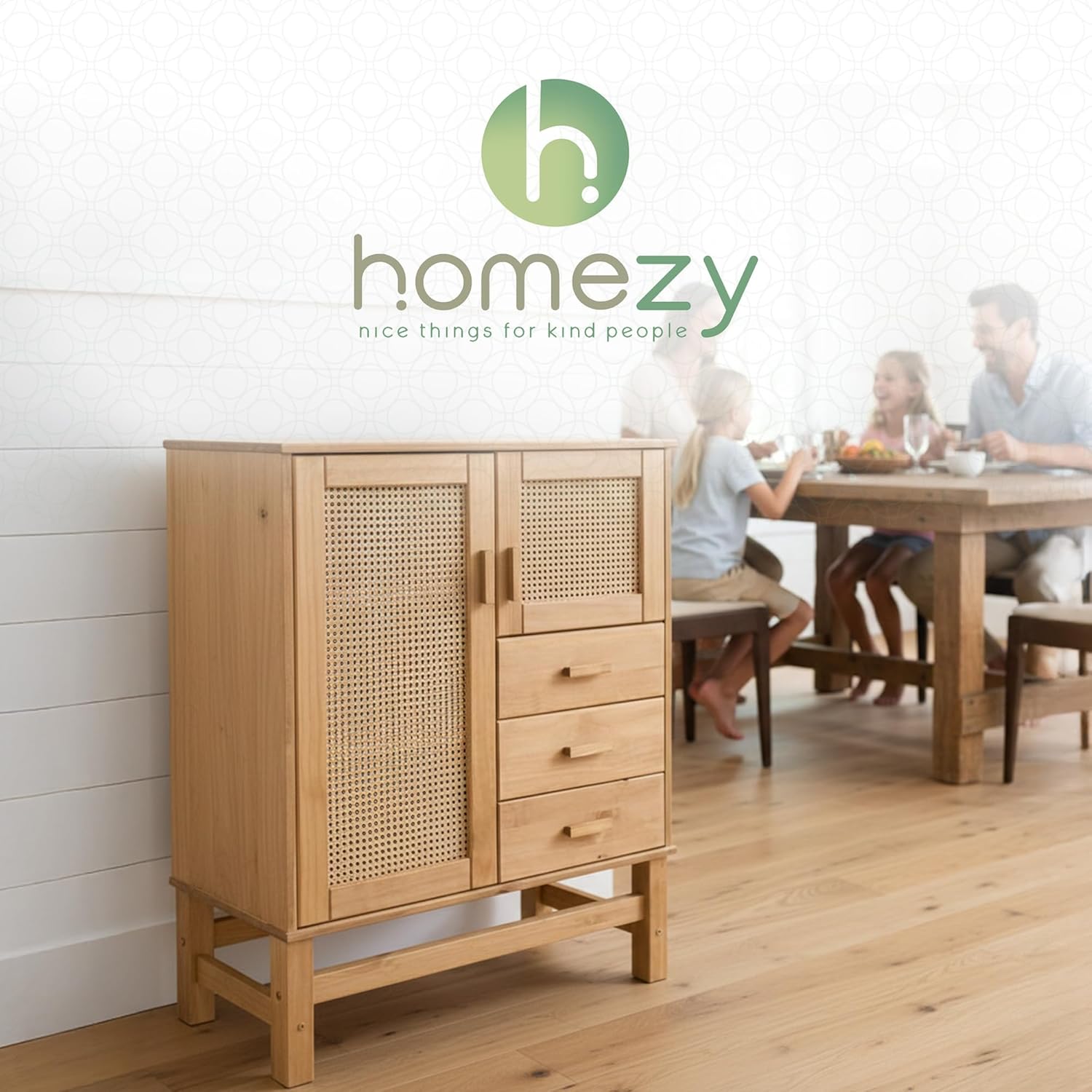 Nature Sideboard with 2 Doors, 3 Drawers & 4 Inner Shelves – Spacious Buffet Cabinet with Woven Rattan Doors – Versatile Storage for Dining or Living Spaces