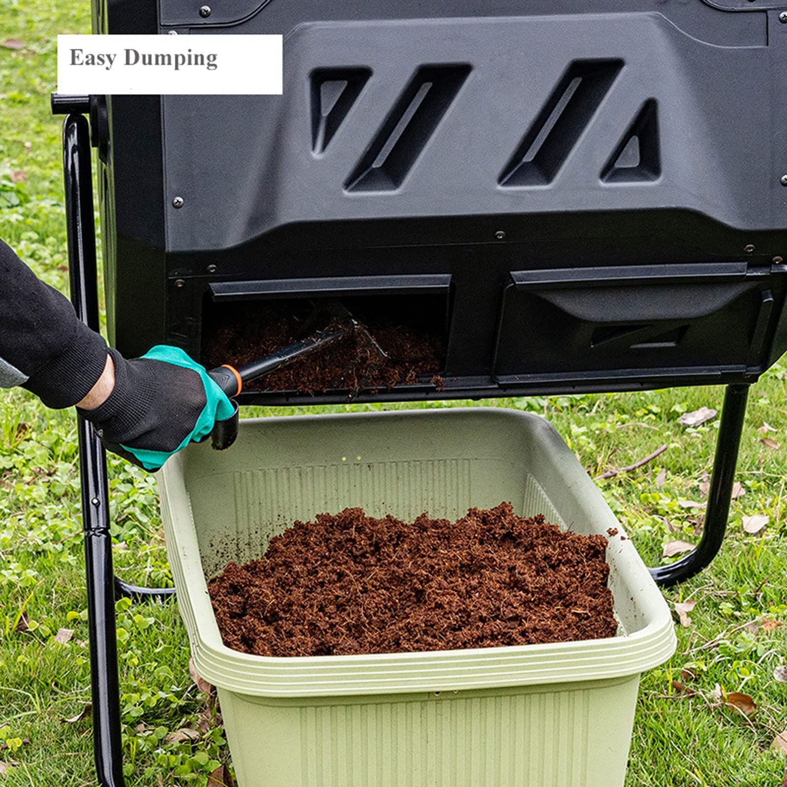 Kompostownik do ogrodu, Zewnętrzny dwukomorowy kompostownik bębnowy, obrotowy pojemnik na kompost na zewnątrz do ogrodu, kuchni i odpadów ogrodowych, 160L/42 galony