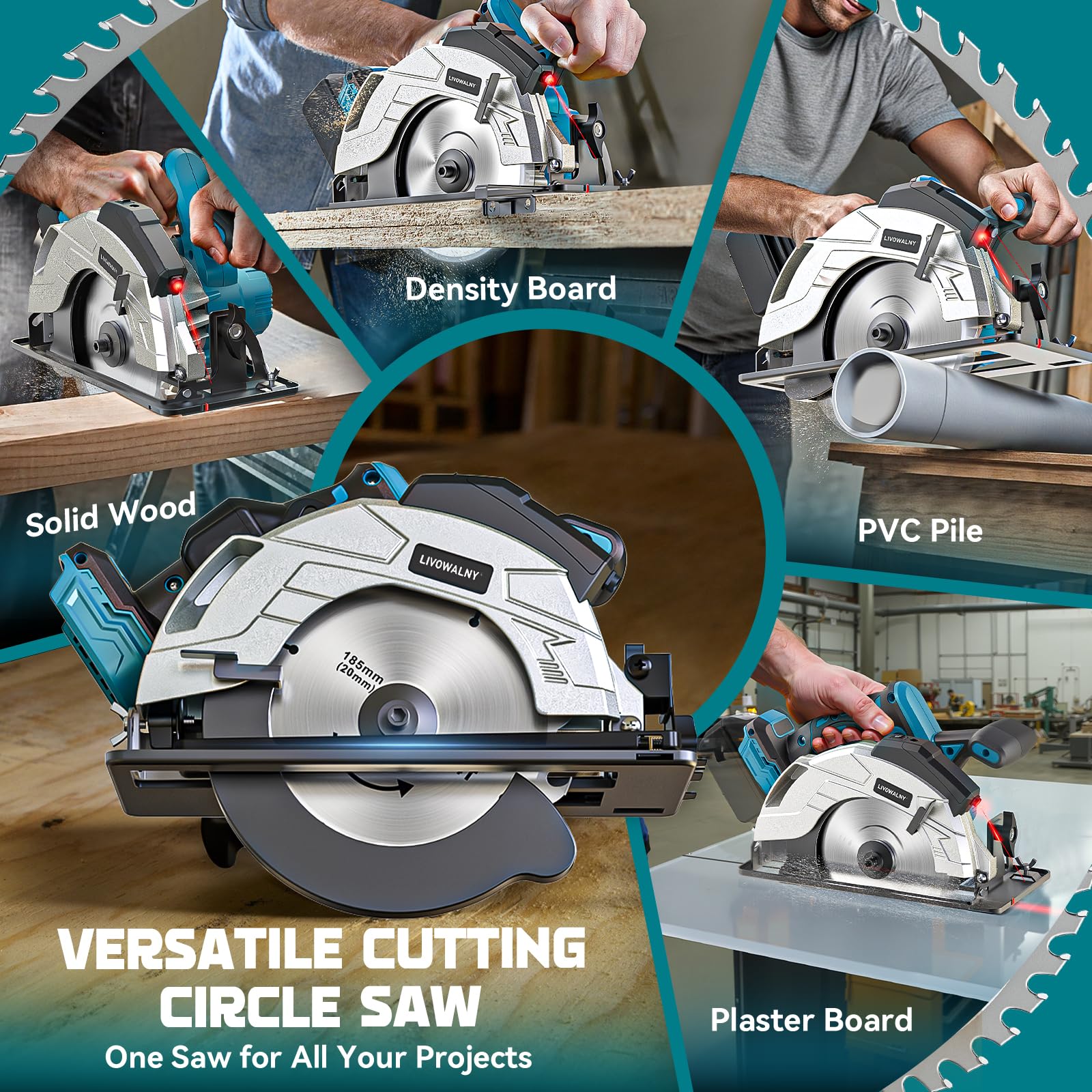 LIVOWALNY Handkreissäge Kompatibel Mit Makita Akku 18v, 66mm Akku-Kreissäge mit Ø165 x Ø20 mm Sägeblatt, werkzeuglose Einstellung bei Schnitttiefe + Neigungswinkel (ohne Akku)