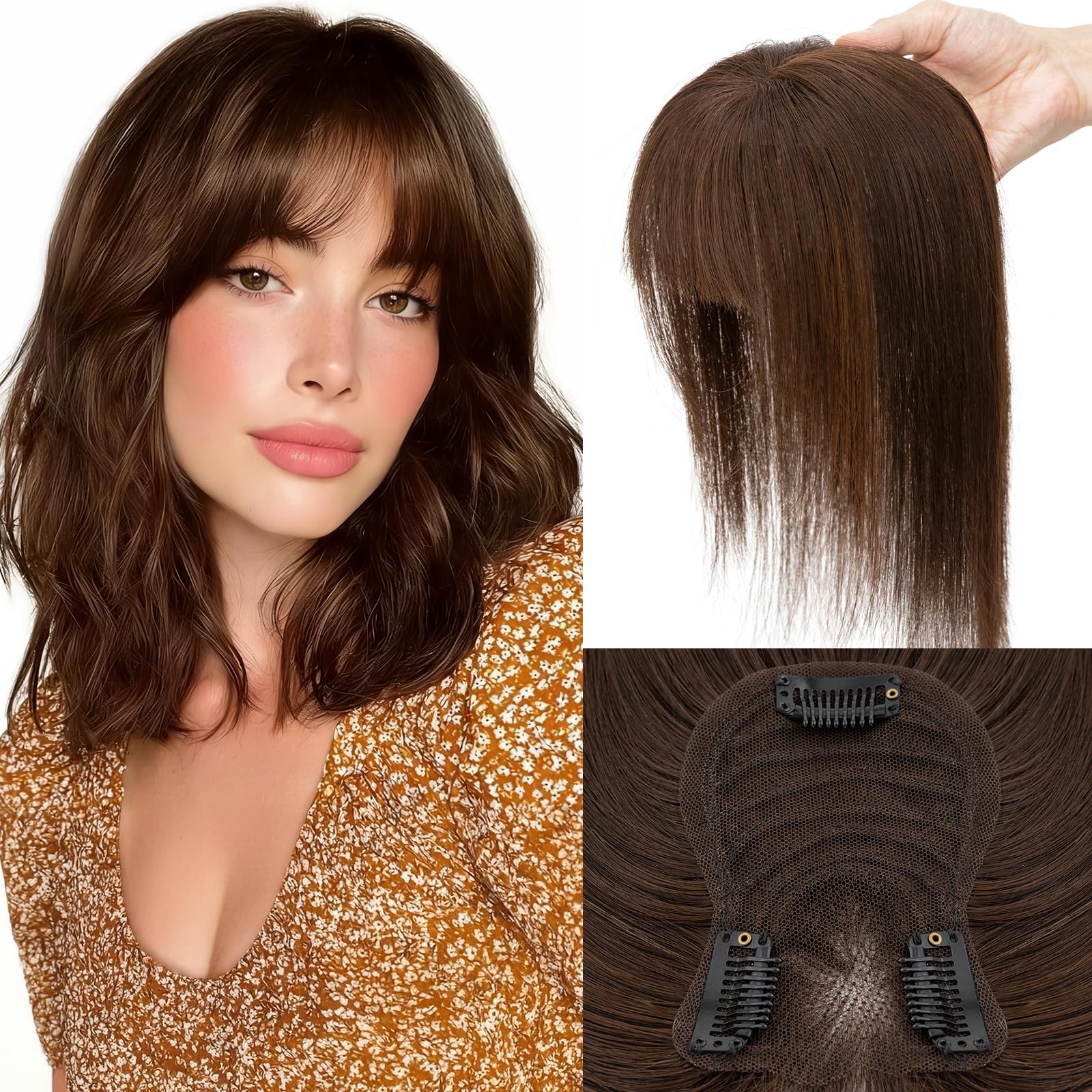 Elailite Hair Topper Echthaar Clip in Haarteil Dunkelbraun, 30cm 35g Haartopper Damen Real Human Haar mit dünnem Pony Haarteile (Silk Lace 8x11.5cm)