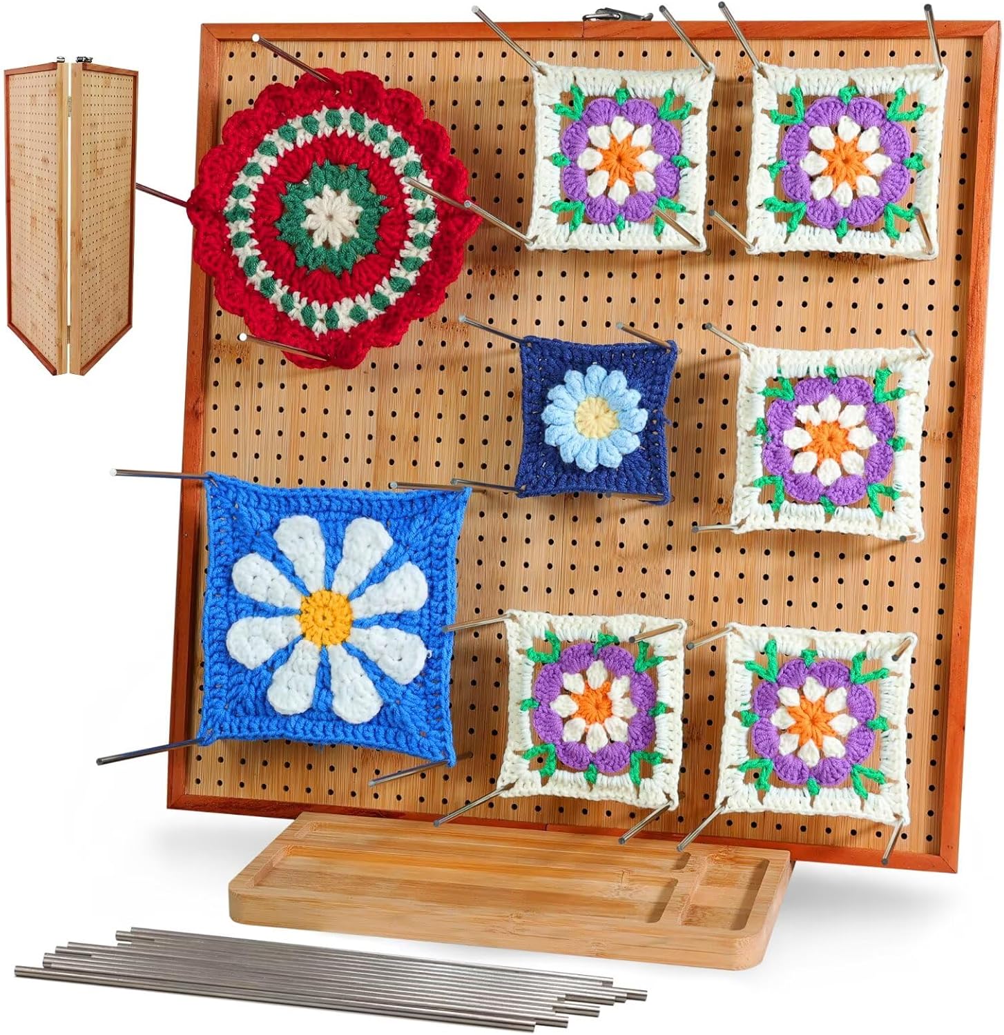 HHSarioneiro 15.6" Crochet Blocking Board with 16 Pins/Pegs, Blocking Boards for Crochet Projects, Wooden Crocheting Accessories Gifts for Crocheters