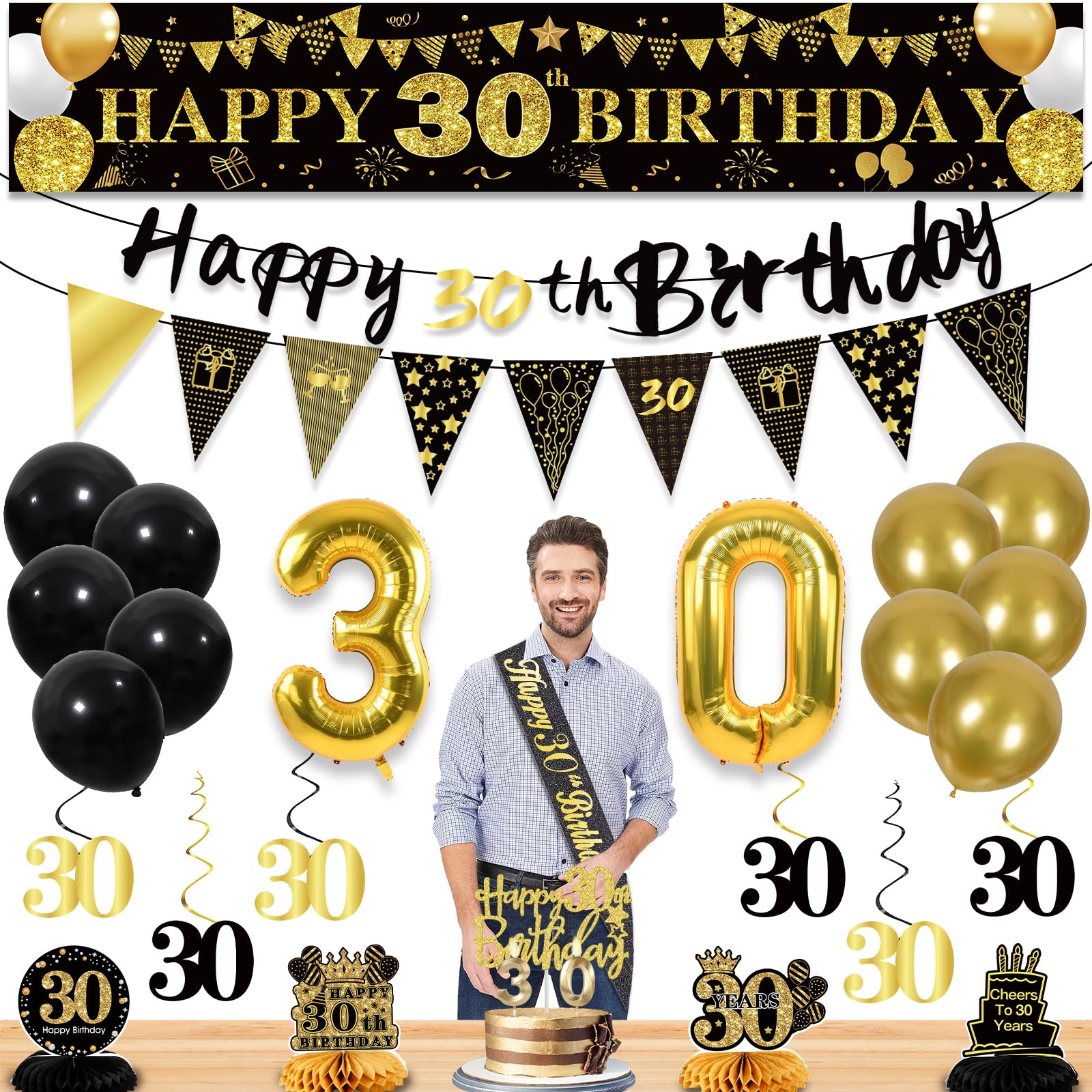 30th Birthday Decorations for Men, Black Gold 30th Party Decorations