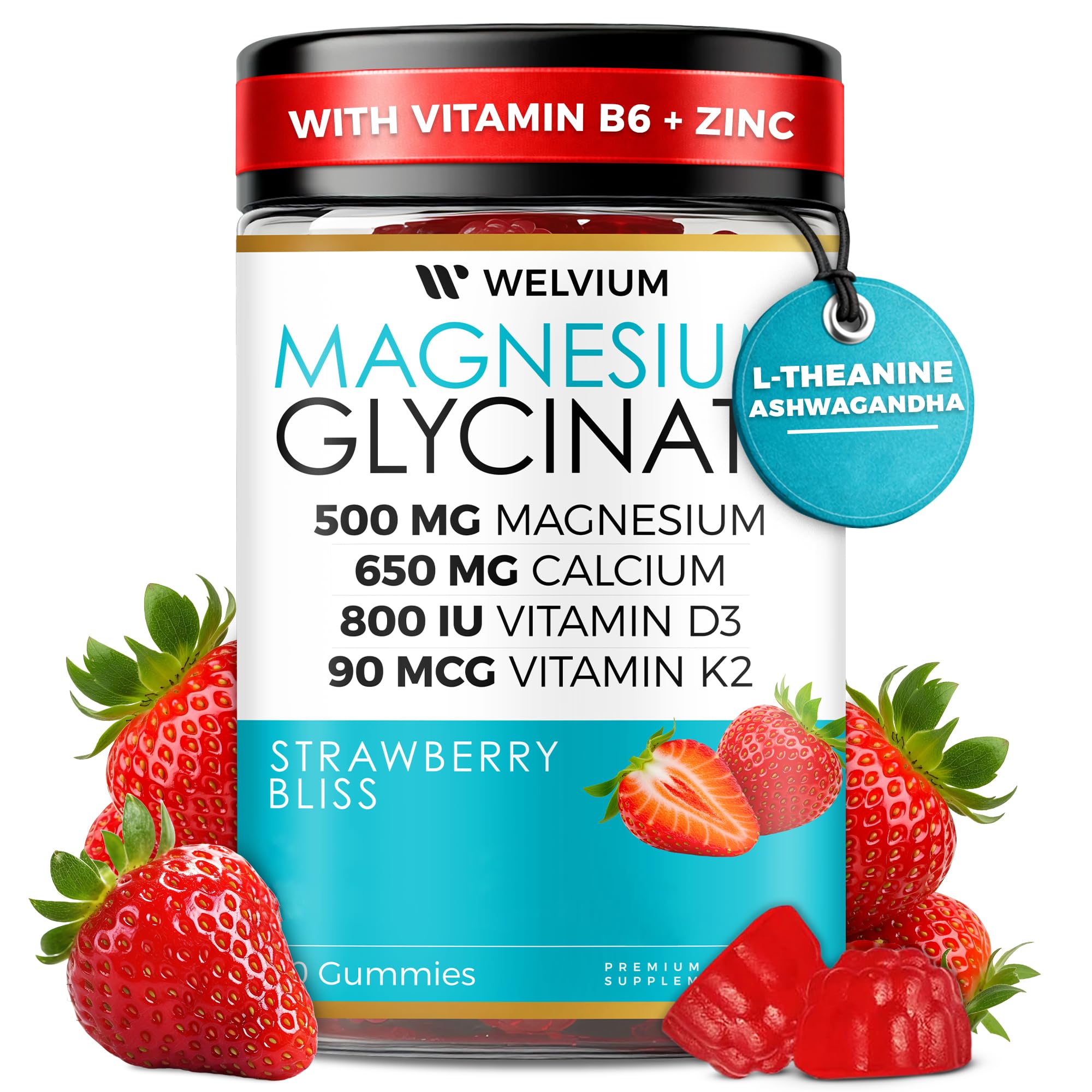 WELVIUM Gomas de magnésio glicinato 500 mg com ashwagandha, L-teanina e vitaminas — 60 gomas
