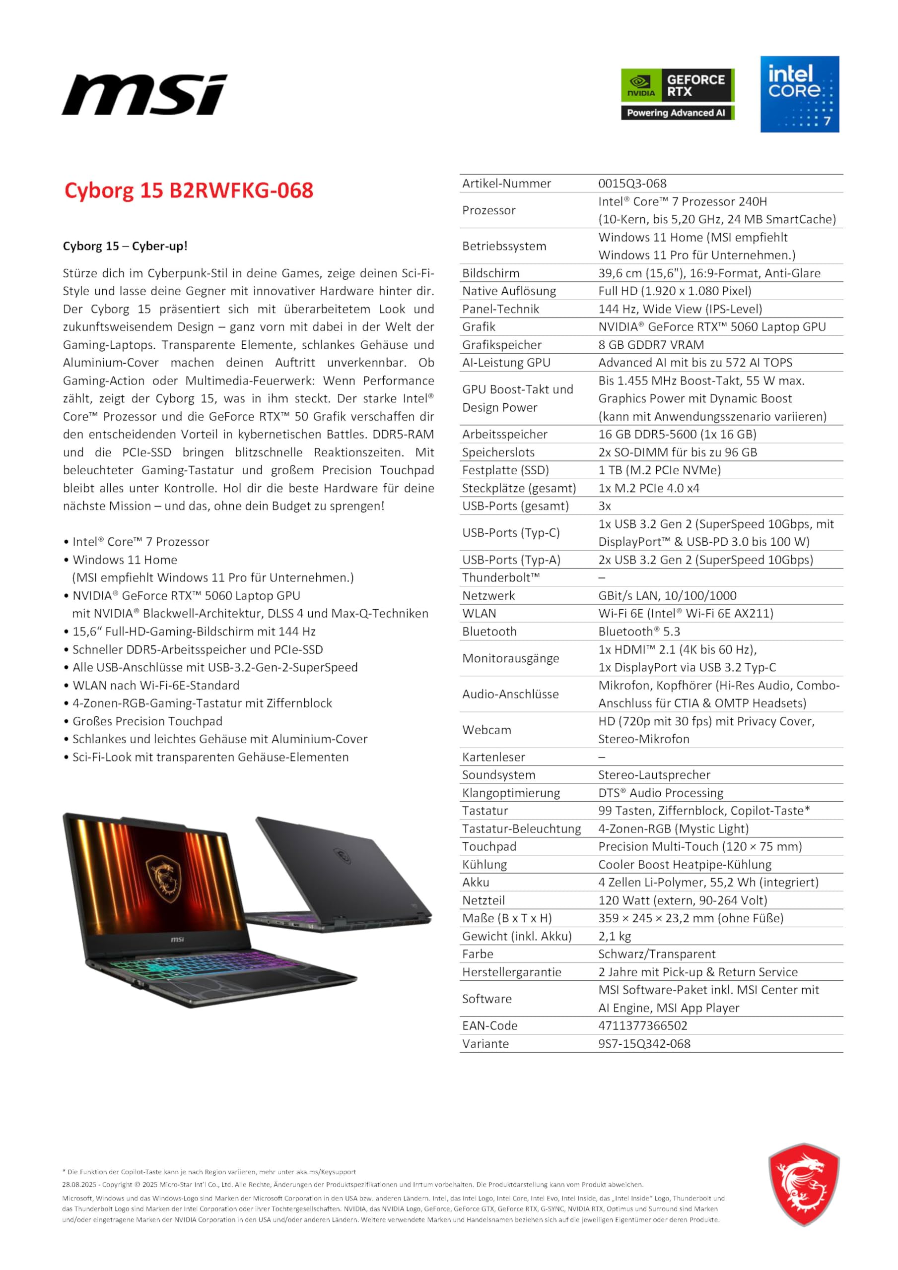 MSI Cyborg 15, laptop da gaming, 15,6 pollici Full HD 144 Hz, Intel Core i7 1240H, NVIDIA GeForce RTX 5060, 16 GB DDR5, 1 TB SSD, Windows 11 Home, tastiera QWERTZ, nero, B2RWFKG-068