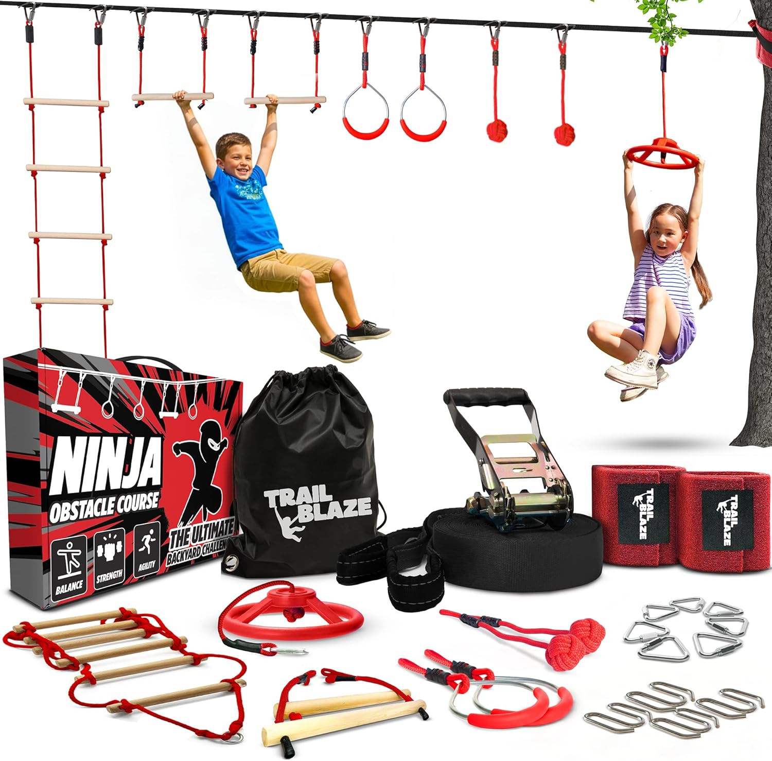 Trailblaze Ninja Warrior Obstacle Course for Kids - 50ft Slackline with 8 Obstacles, Monkey Bars, Rope Ladder, Gym Rings & Much More - Backyard Ninja Course for Kids Outside Play Ages 5-12 50ft Single Line Kit – 8 Obstacles - Image 1 of 9