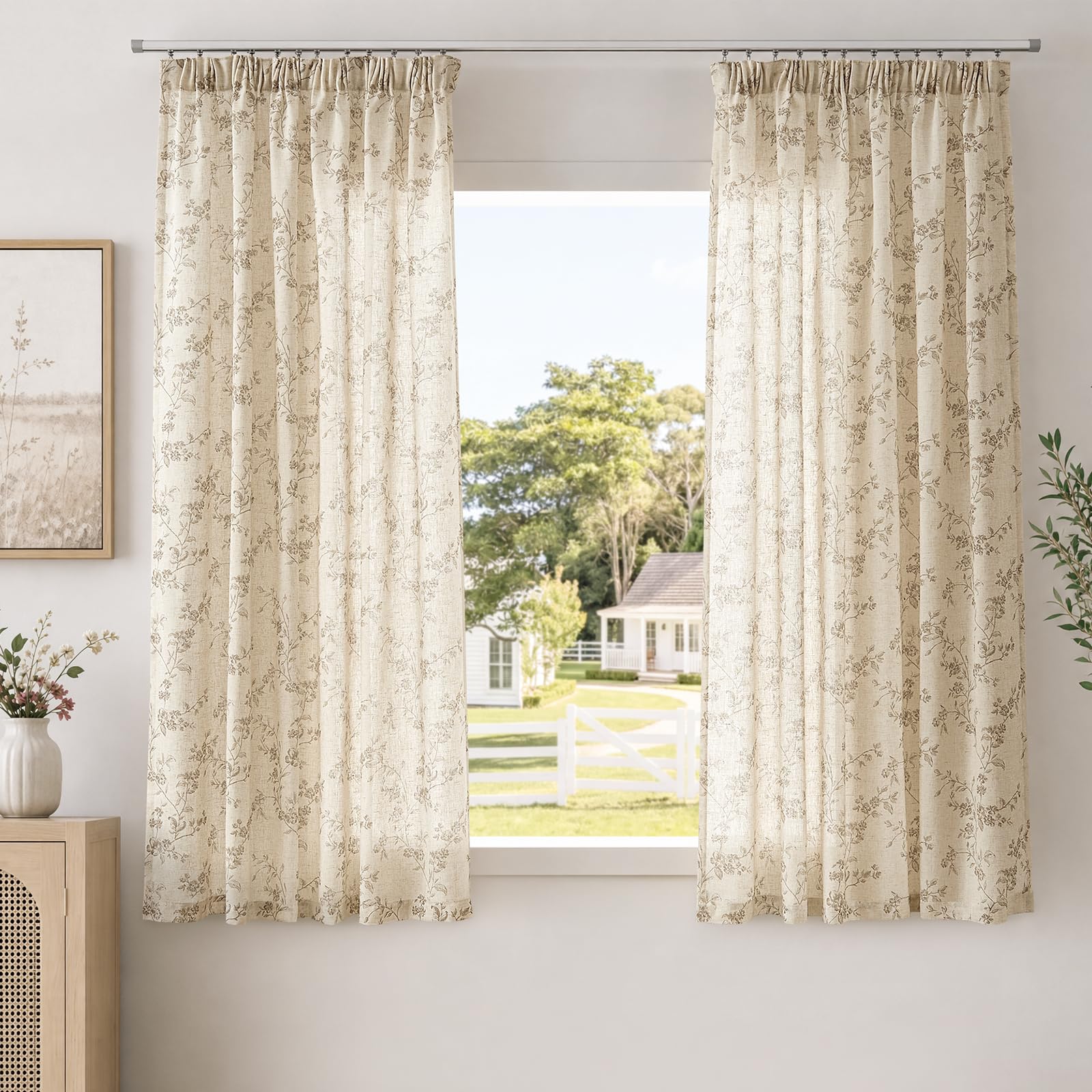 TOPICK Vintage Gardinen Leinenoptik Blumen Vorhänge 2er Set Taupe H145xB140 | Lichtdurchlässig Gardinen mit Kräuselband Wohnzimmer boho landhausstil blickdicht Vorhänge Schlafzimmer mit Schlaufen Curtain