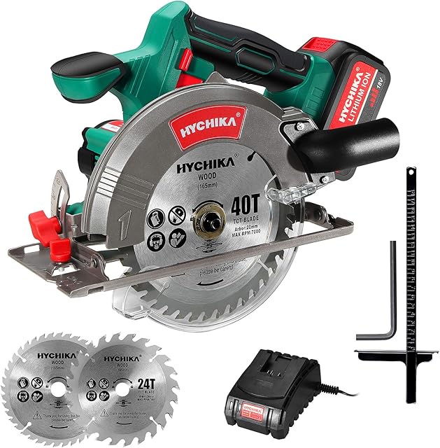 Circular Saw, HYCHIKA 18V Cordless Circular Saw with 4.0Ah Li-ion Battery, 4000RPM Max Cutting Depth: 90º (53mm)/45º (36mm), 2 Saw Blades (24T/40T), Parallel Guide, Ideal for Wood, Plastic, Soft Metal