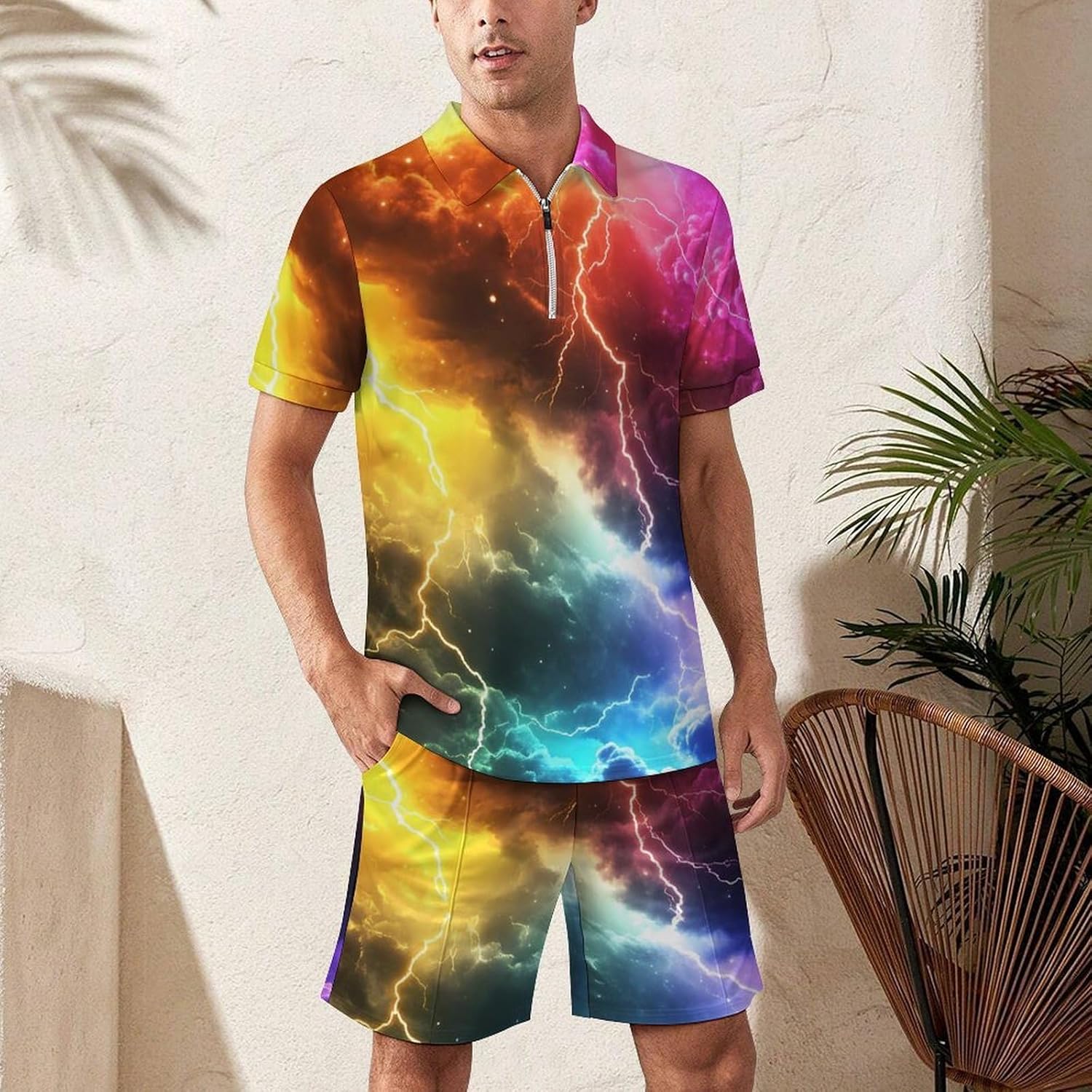 Colorful Thunder Mens Polo Shirts Track Suits 2 Piece Short Sleeve Sweatsuit 1/4 Zip Golf Loungewear for Sports