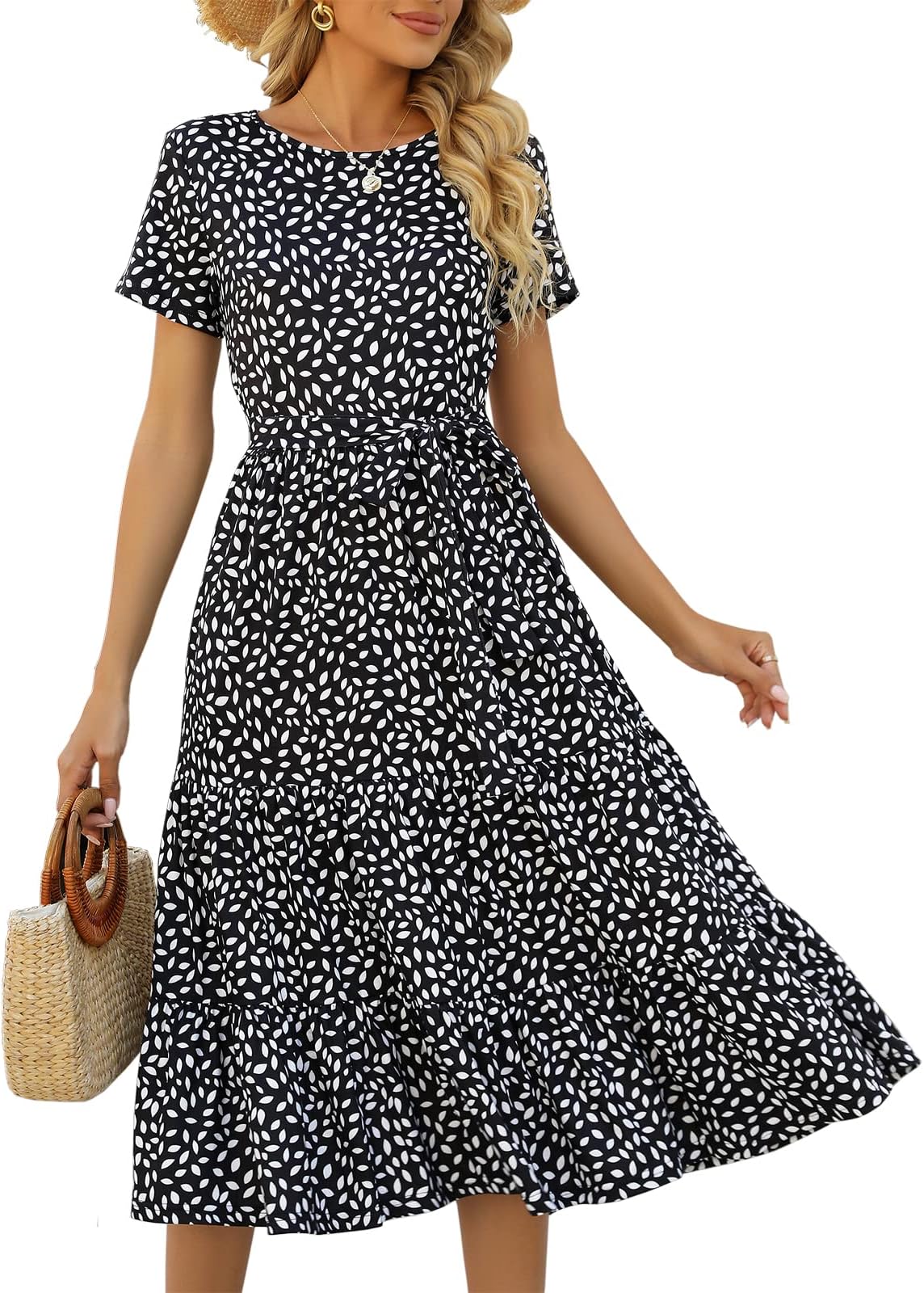 Women's Dresses Casual Summer Tiered Midi Dress Short Sleeve Belted Ruffle Babydoll Boho Sundress with Pockets