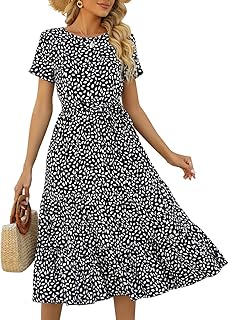 Women's Dresses Casual Summer Tiered Midi Dress Short Sleeve Belted Ruffle Babydoll Boho Sundress with Pockets