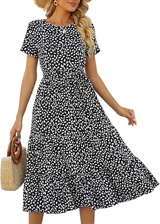 Lyrur Women’s Summer Tiered Midi Dress – Short Sleeve, Belted, Boho Sundress With Pockets (Small)