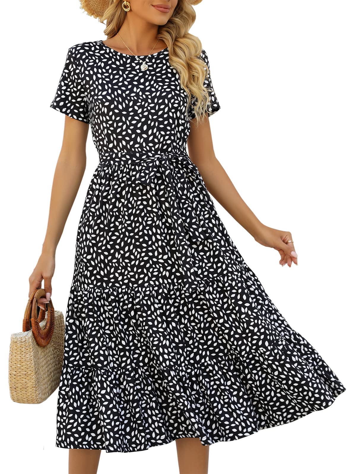 Lyrur Women's Summer Casual Short Sleeve Modest Teacher Church Midi Dress | Crew Neck, Tie Waist, Side Pockets, Flowy A-Line Fit for School Work Outfits for Educators, Office, Classroom and Daily Wear