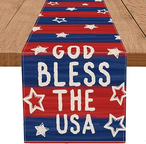 Camino de mesa patriótico del 4 de julio, Dios bendiga a los Estados Unidos, estrellas a rayas, decoración de mesa para el Día de la Independencia,