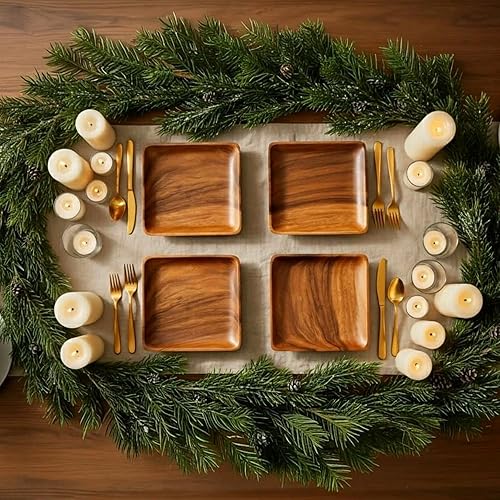 Miniatura 6 de Juego de 4 platos de madera de acacia cuadrados de 10 pulgadas, vajilla rústica para carne, barbacoa, embutidos o como cargadores de madera