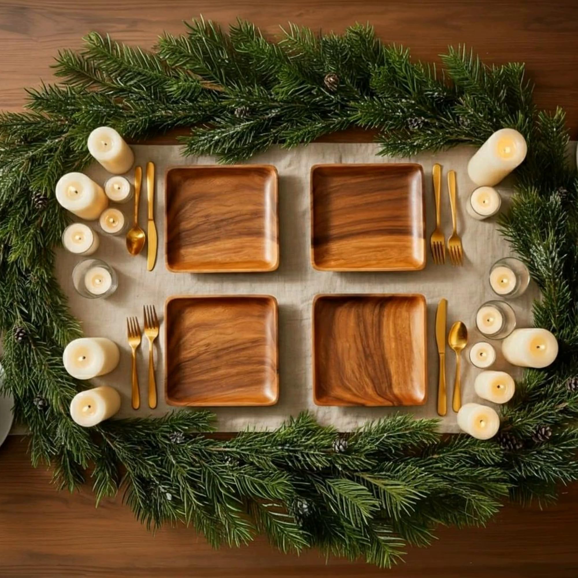 Lot De 4 Assiettes Carrées En Bois D'acacia - 25,4 Cm - Naturel - Parfait Pour Salades, Burgers, événements Et Mariages