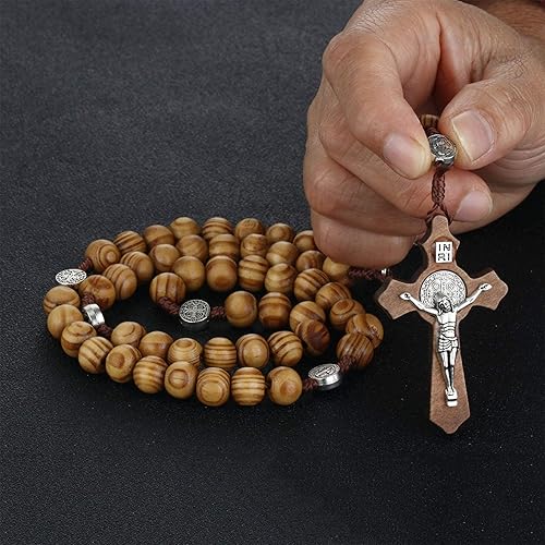 Miniatura 4 de Collar de cuentas de rosario de madera, medalla católica de San Benito, collar con colgante de cruz, regalo de oración