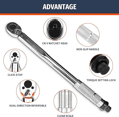 Miniatura 4 de PRIDE&CRAFT Llave dinamométrica de clic de 12 pulgada, 10-150FT-LB13.6-203.5Nm, llave dinamométrica profesional de 72 dientes, llave dinamométrica