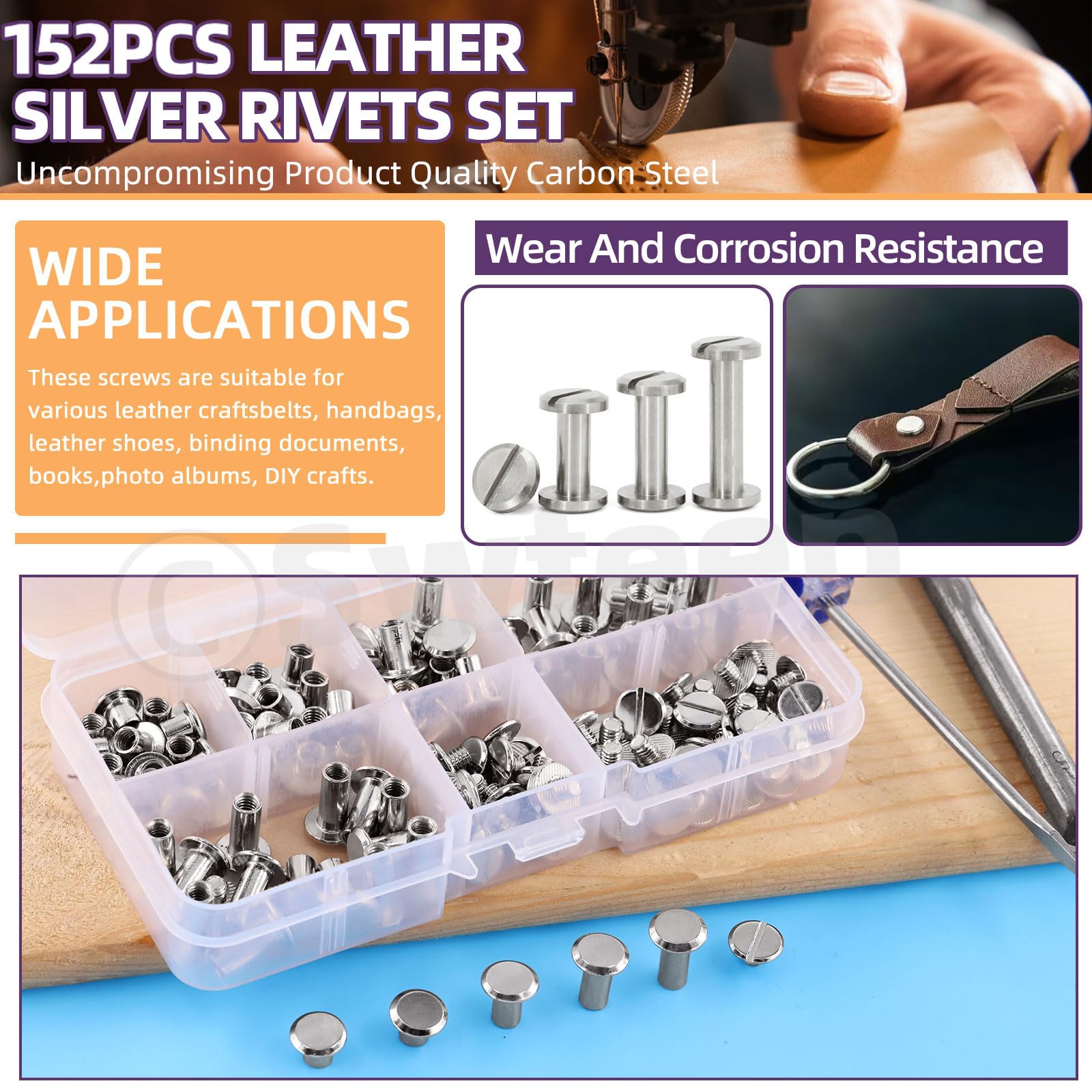 Sweet 152 viti argentate M5, 6, 8, 10, 12 mm, rivetti in pelle assortiti con perforatore e cacciavite, viti a testa piatta per fai da te in pelle e rilegatura di libri