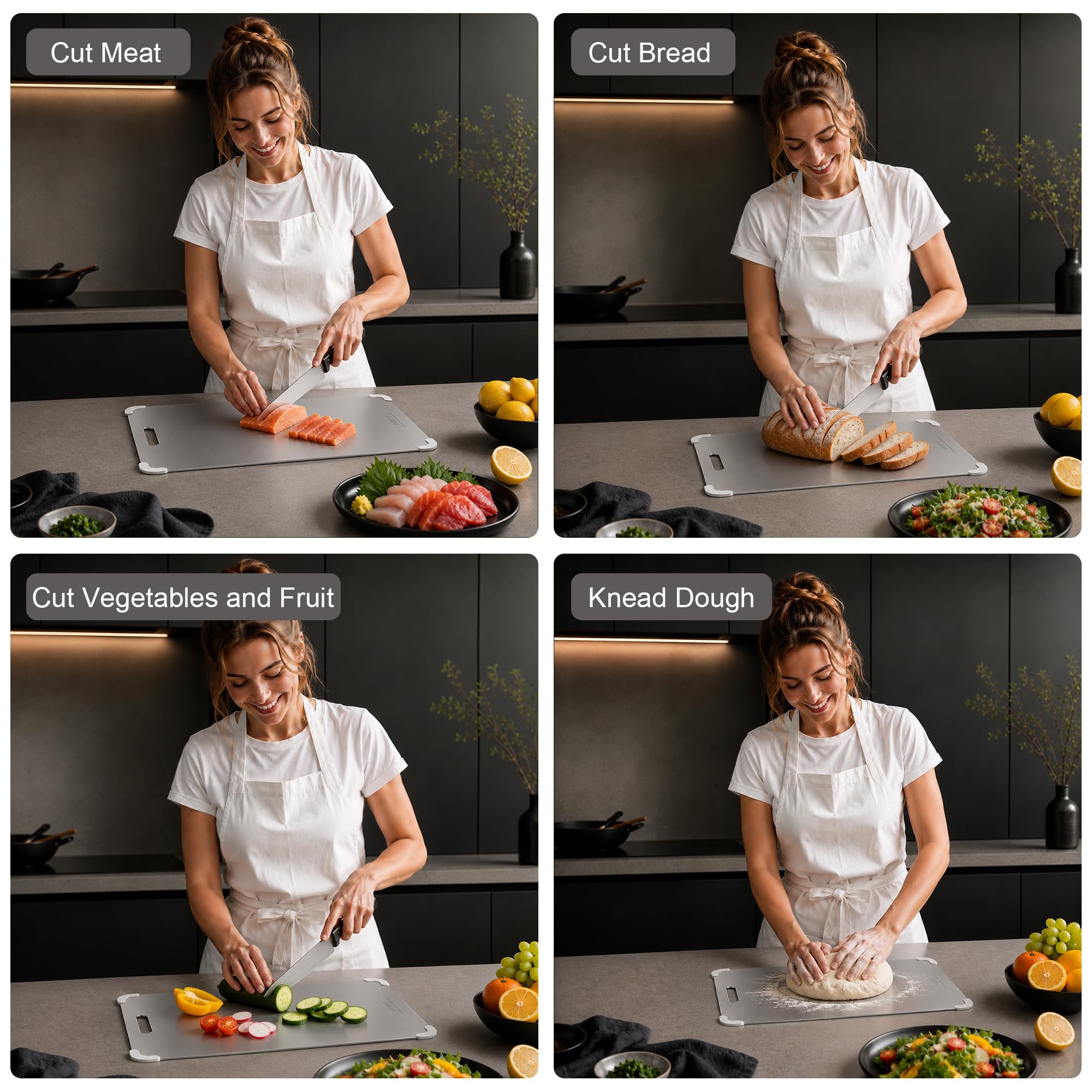 Planche à Découper 100% Titane pur Qualité Alimentaire, Surface non Poreuse Hygiénique sans Microplastique, Lavable en Lave-vaisselle pour Viande Légumes Fruits Cuisine Camping 34x23x0.2cm, 720g