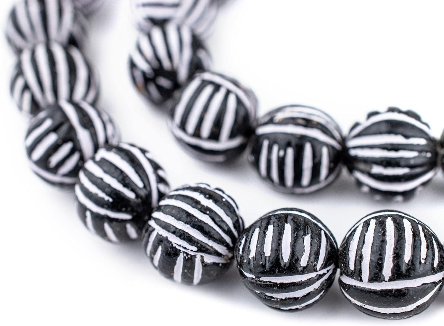 The Bead Chest Terracotta Black & White Scratch Beads 16mm Black and White Round Clay Large Hole 24 Inch Strand