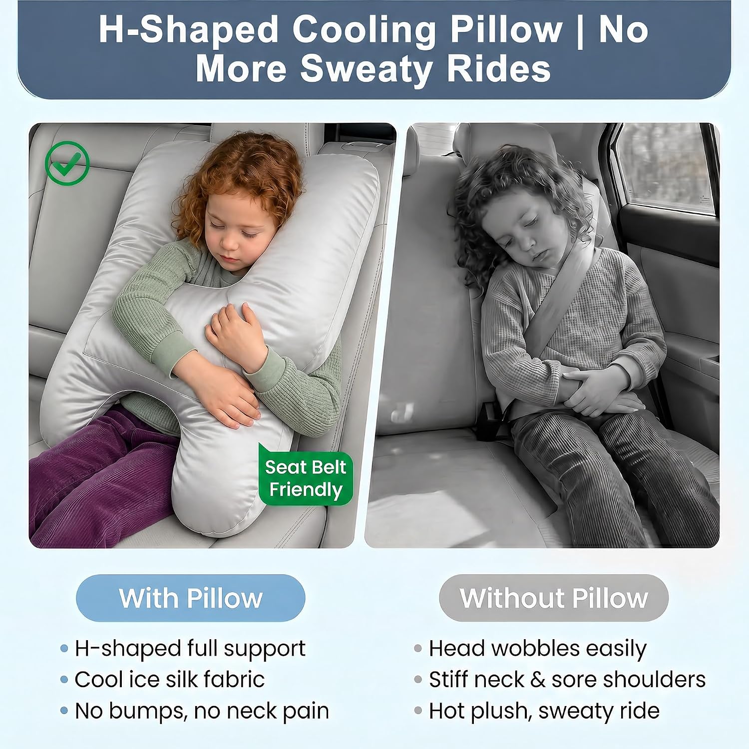 Cooling Car Travel Pillow, Ice Silk H-Shape Body Support Cushion | Breathable Car Sleeping Pillow for Adults & Kids with Removable Washable Cover, Road Trip Pillow for Back Seat long Travel