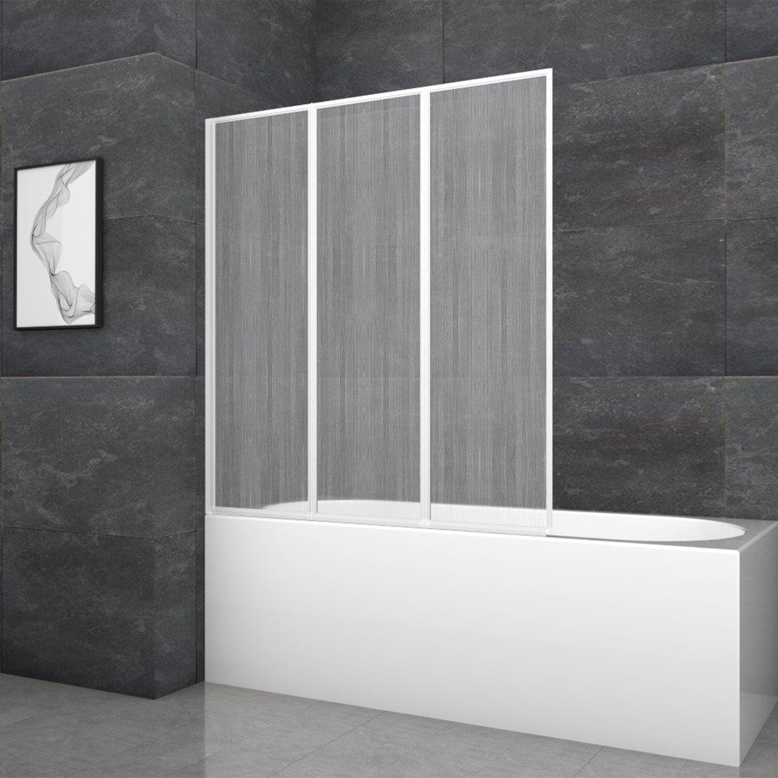 MARWELL Mampara plegable para bañera Moon 120 cm x 130 cm x 5 cm, tres elementos plegables de plástico con marco de aluminio blanco