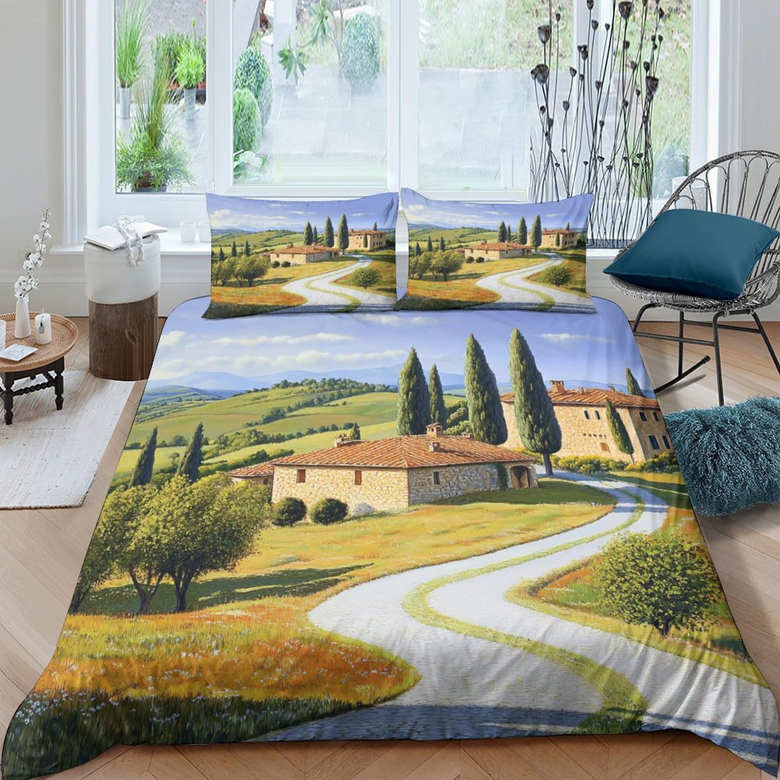 Ctjqhvkz Style-9 3D Printed Countryside Landscape Fitted Sheet Microfiber Soft Scenic Villa Mattress Cover Bedroom Home Decor Single（135X200cm）