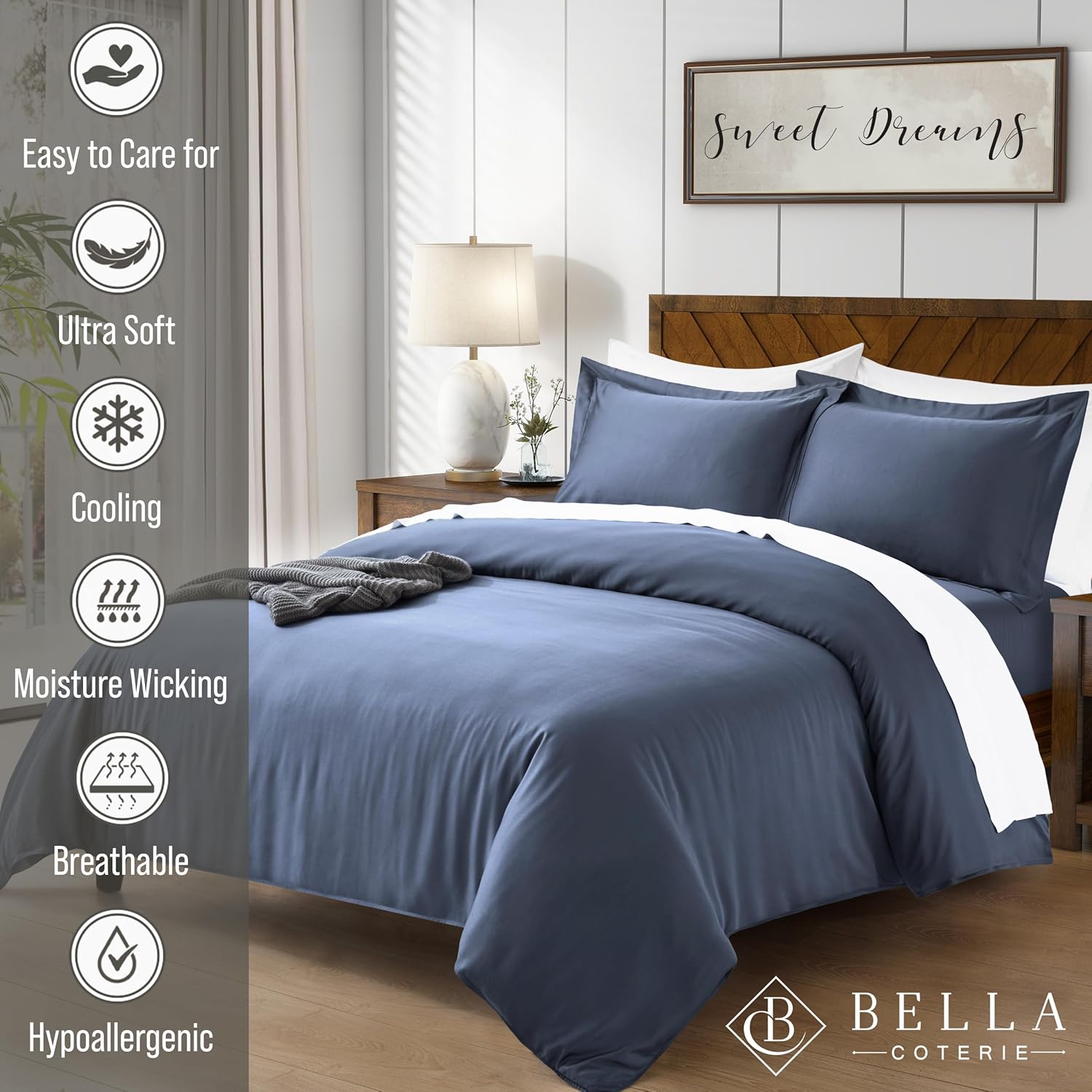 Bella Coterie Luxury Bamboo Viscose King Size Duvet Cover Set | 100% Organically Grown | Corner Ties | Ultra Soft | Cooling | Two Pillow Shams | 106 x 94 | No Insert [Slate Blue] - Image 2