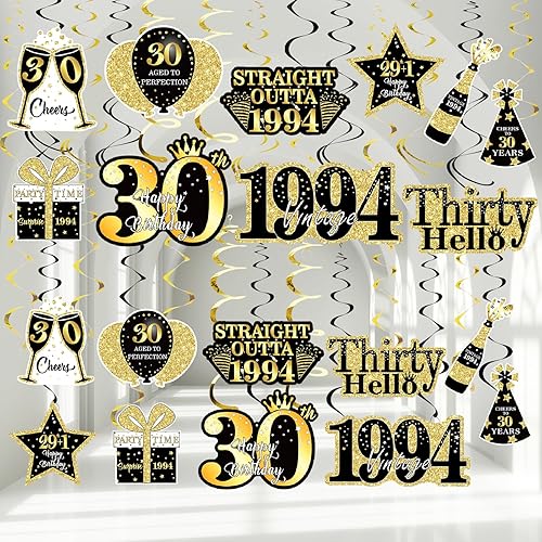 36 piezas de decoración de cumpleaños negro dorado 30 para hombres y mujeres, suministros de fiesta de feliz cumpleaños 30, espirales de papel de